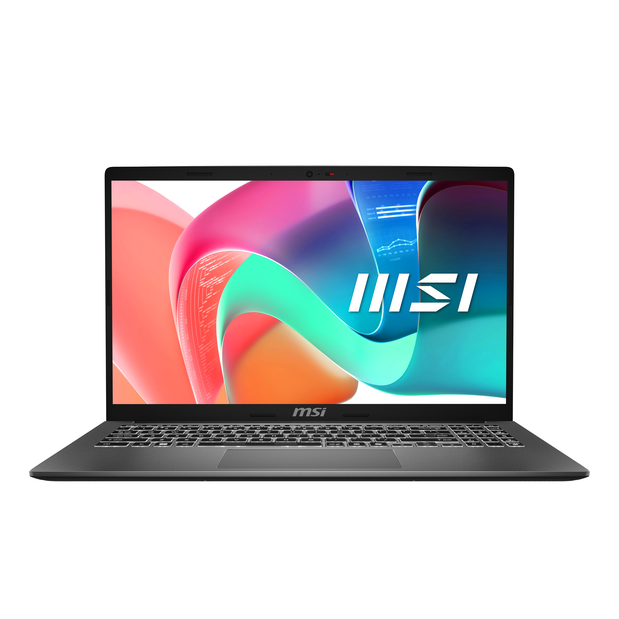 Ciemnoszary laptop, otwarty, wyświetlający kolorowy obraz, logo MSI na dole.