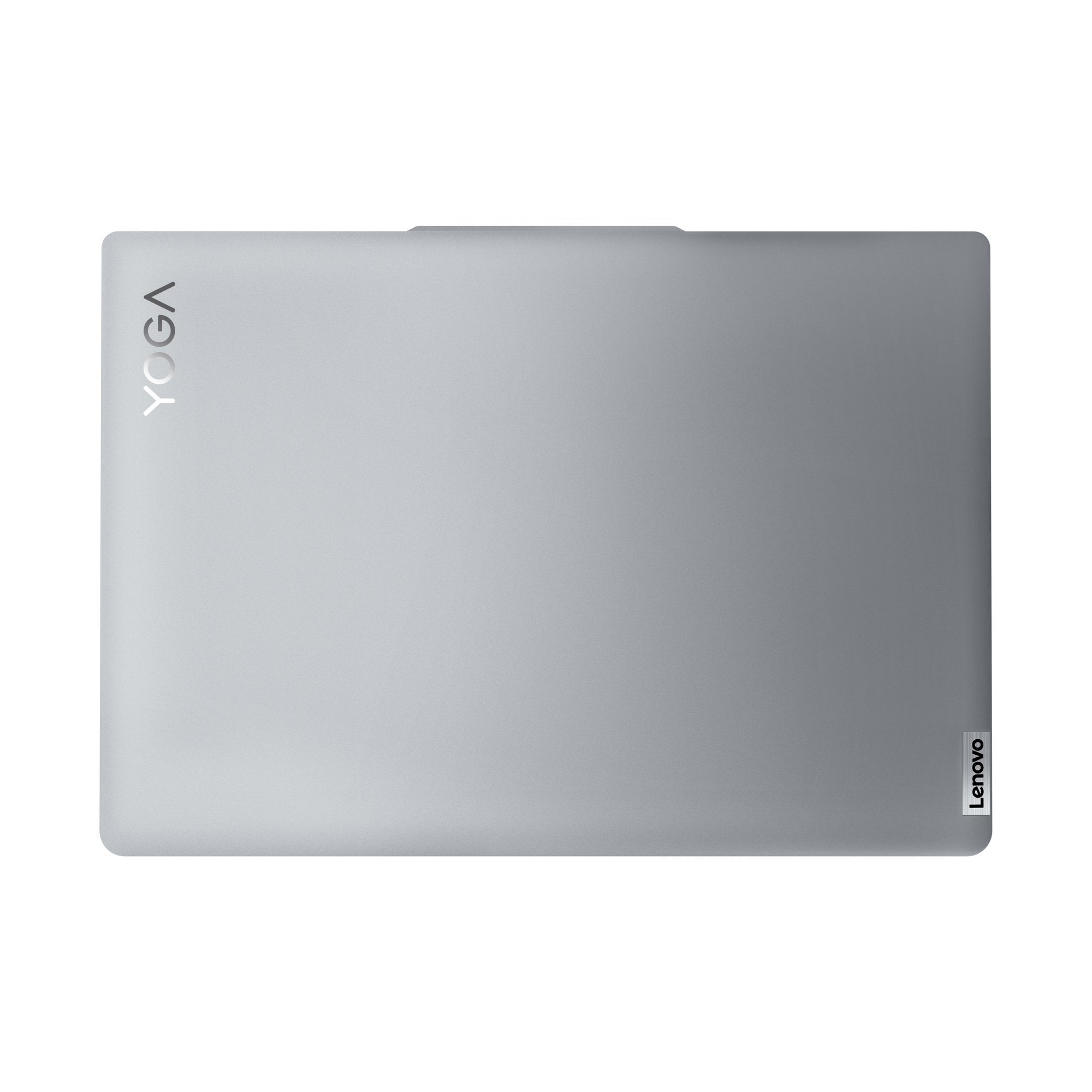 Srebrny laptop zamknięty, tekst Lenovo Yoga. Białe tło.