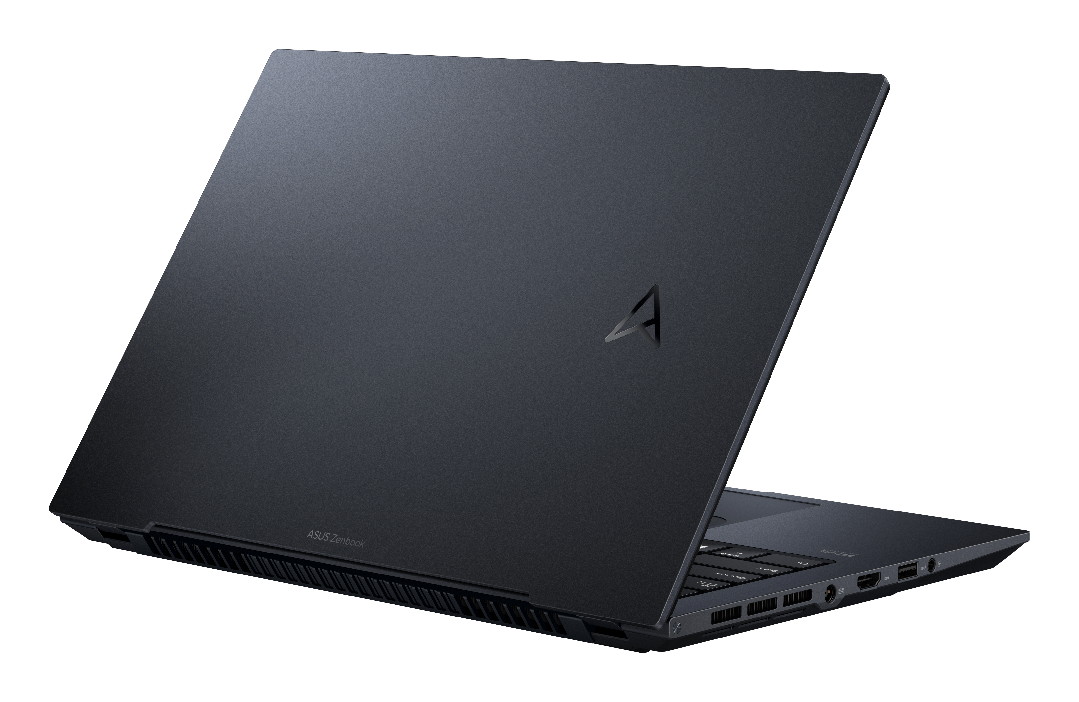 Vista trasera del portátil ASUS Zenbook gris oscuro, mostrando el logotipo y la bisagra.