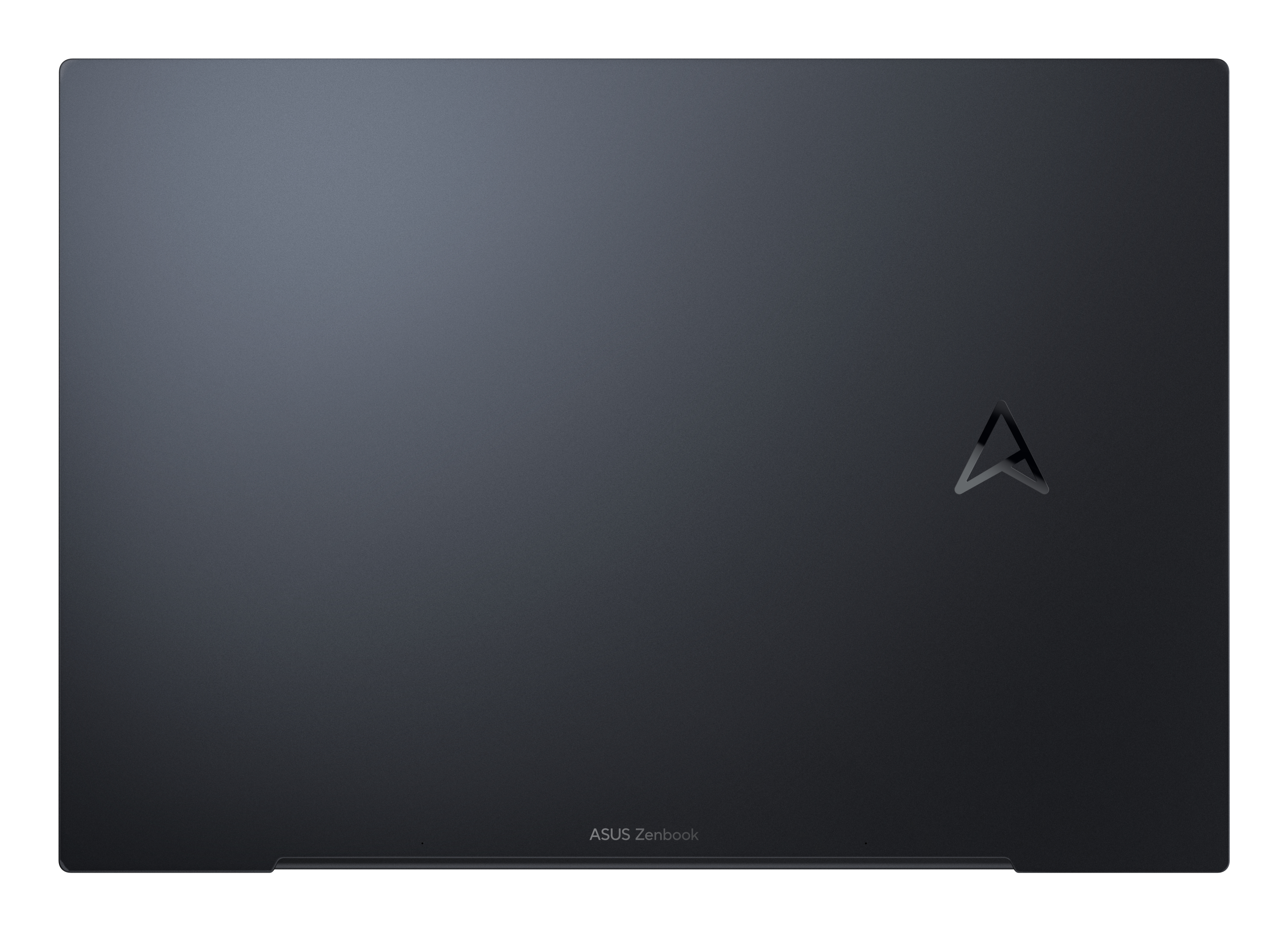 Portátil negro vista superior, logo ASUS Zenbook en la tapa. Superficie oscura. Fondo blanco.