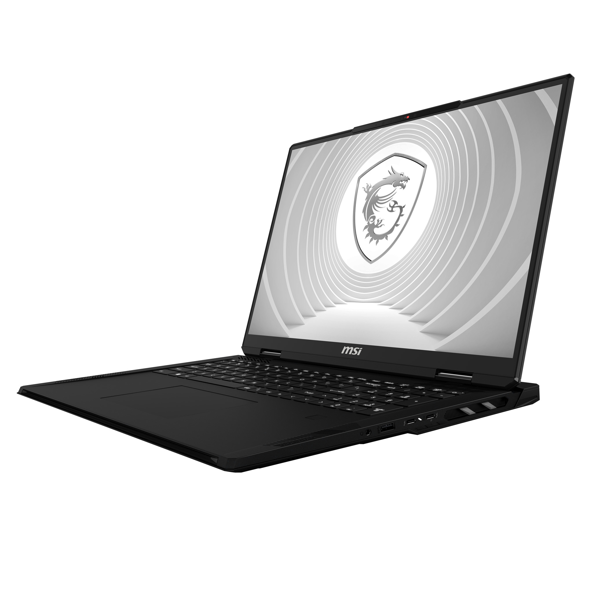 Laptop MSI negro, abierto, sobre blanco. Pantalla muestra un diseño blanco. Teclado visible.