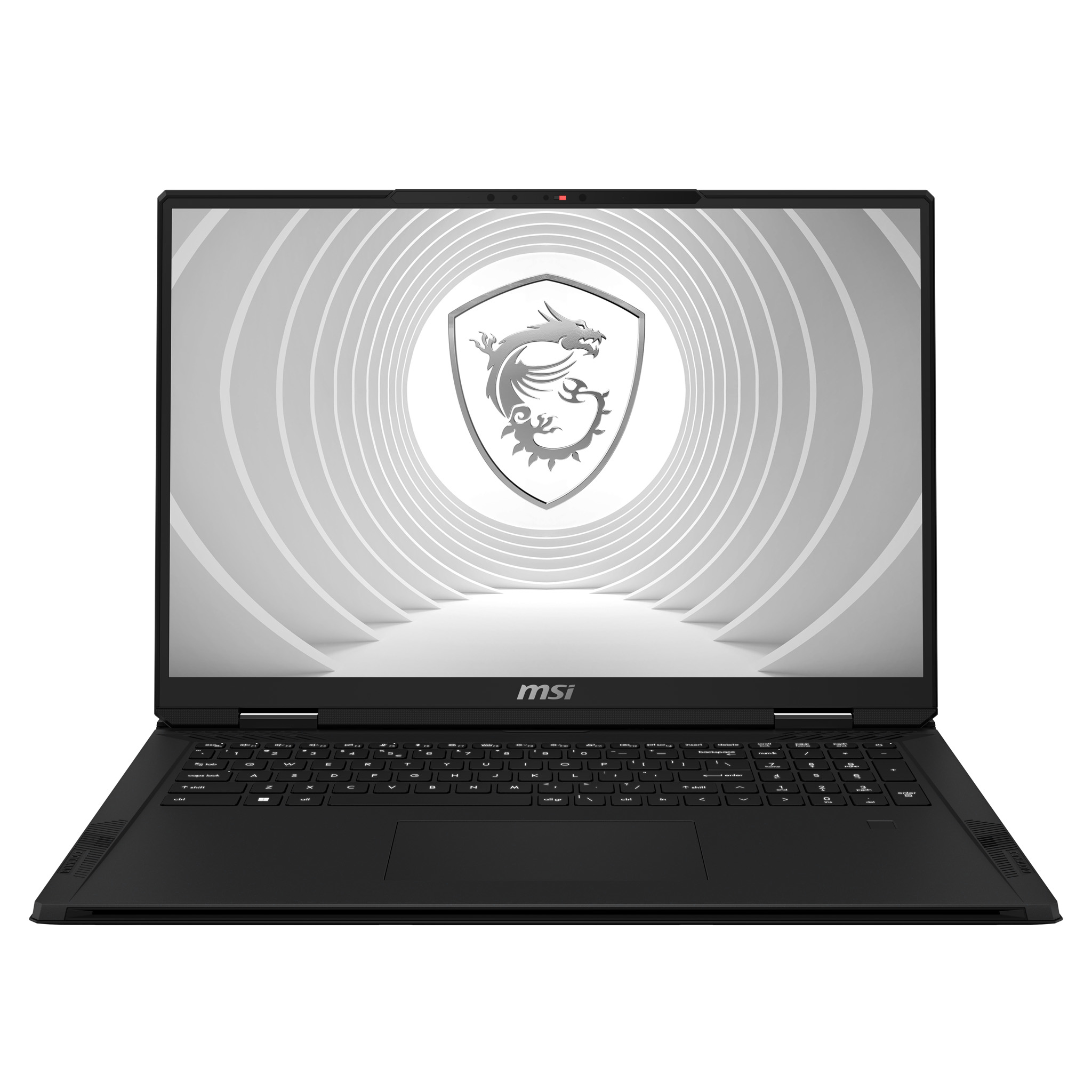 Portátil MSI negro abierto, mostrando un diseño abstracto blanco. Fondo blanco. Vista frontal.