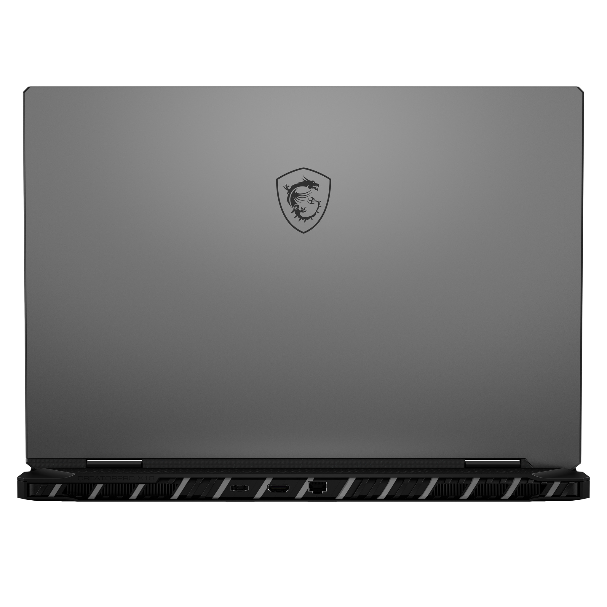 Portátil MSI negro. Tapa con logo MSI. Panel trasero gris oscuro.