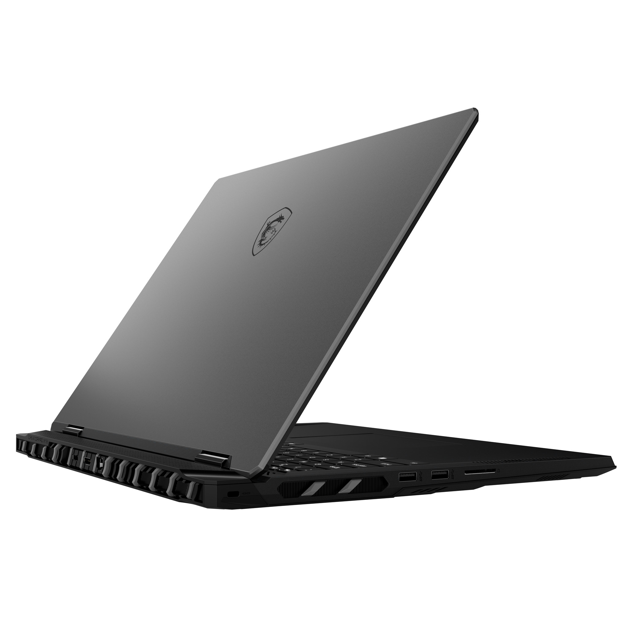 Laptop MSI negro, vista trasera, parcialmente abierto. Logotipo MSI en la parte trasera. Rejillas negras visibles.