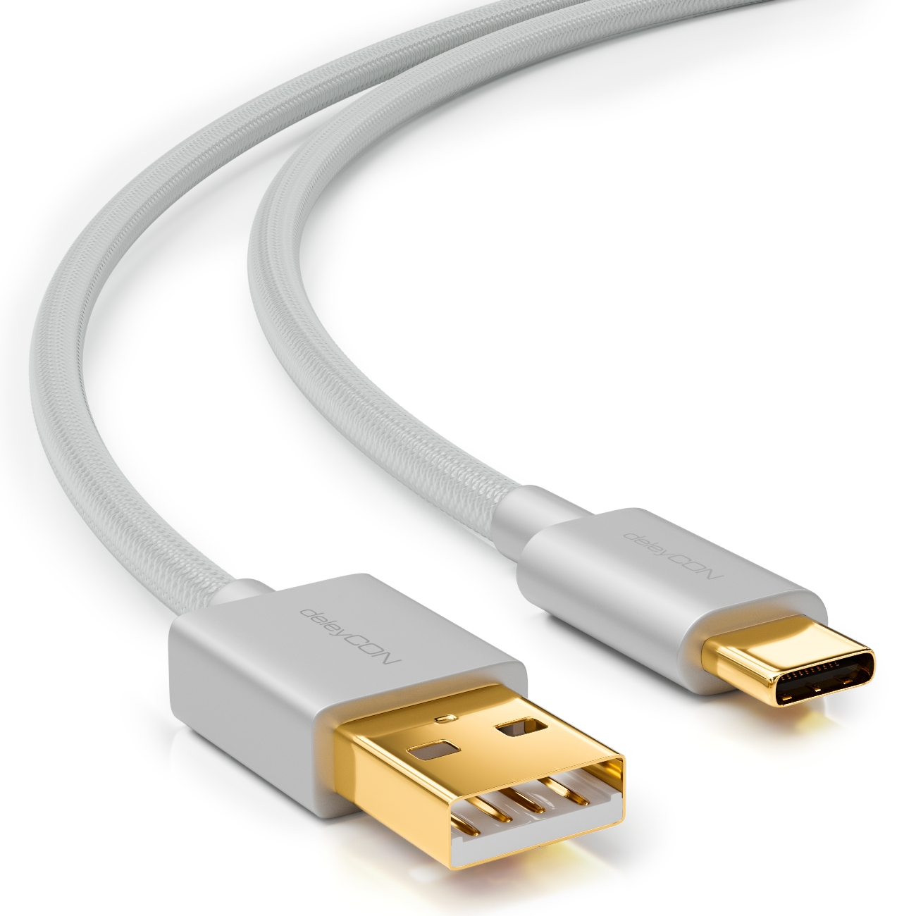 Ein weißes USB-C-Kabel. Ein Ende hat einen USB-Anschluss, das andere einen USB-C-Anschluss.