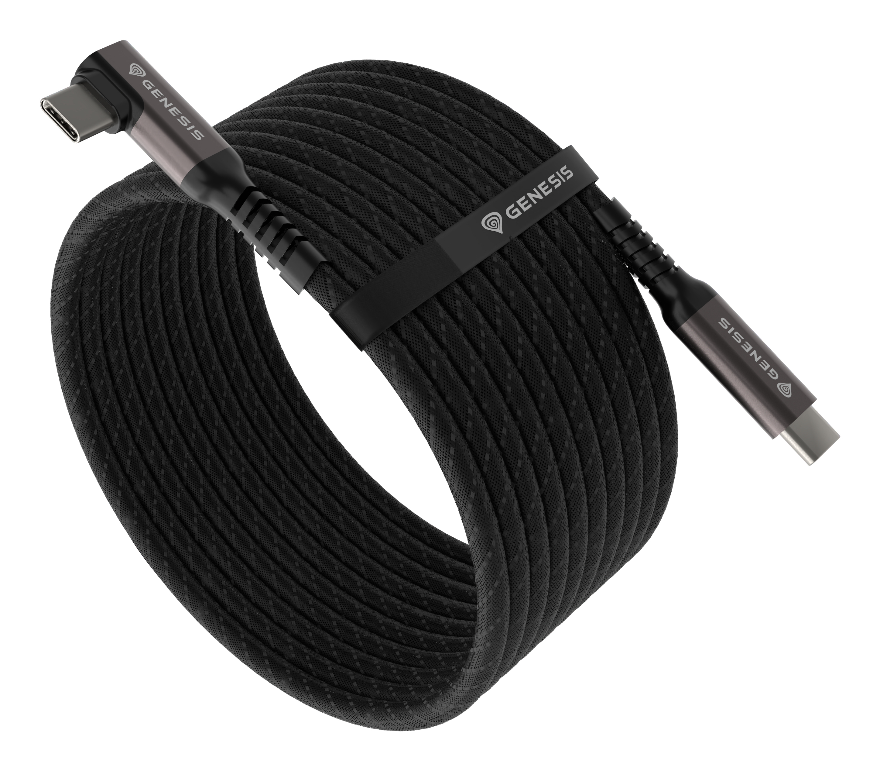Een zwarte opgerolde USB-C-kabel met een band en de merknaam 'GENESIS'. Witte achtergrond.
