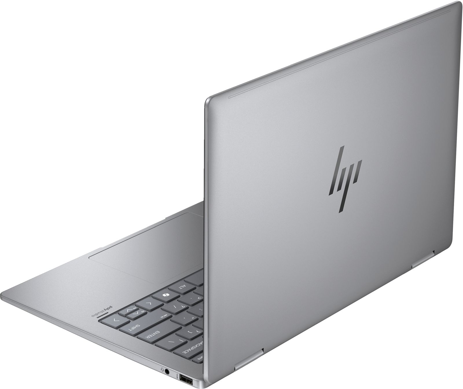Srebrny laptop HP, otwarty, pokazujący klawiaturę i touchpad. Białe tło.