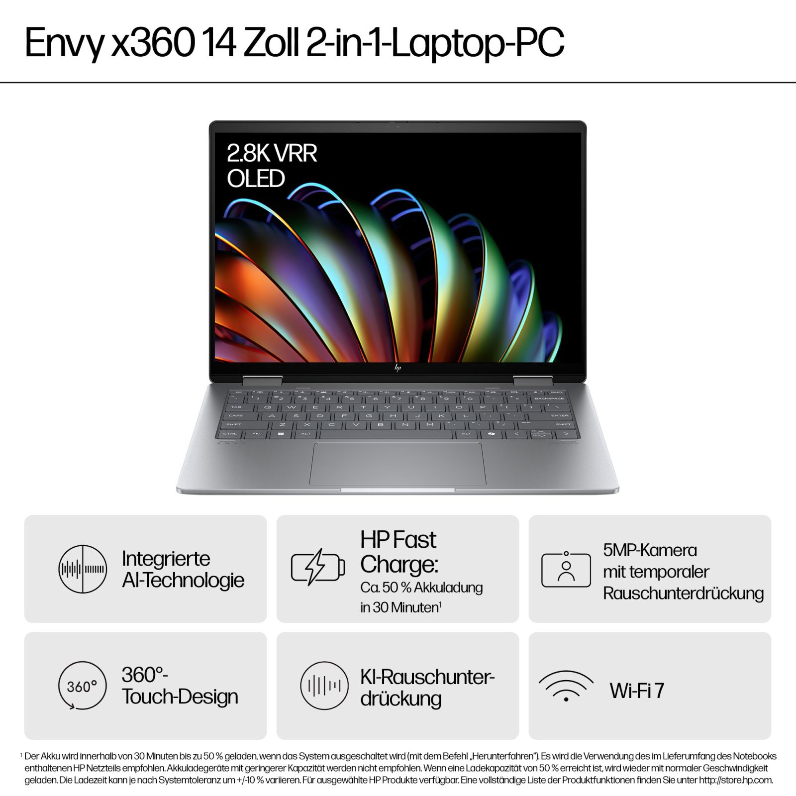 Laptop HP Envy x360, otwarty, ekran, z tekstem. Białe tło.