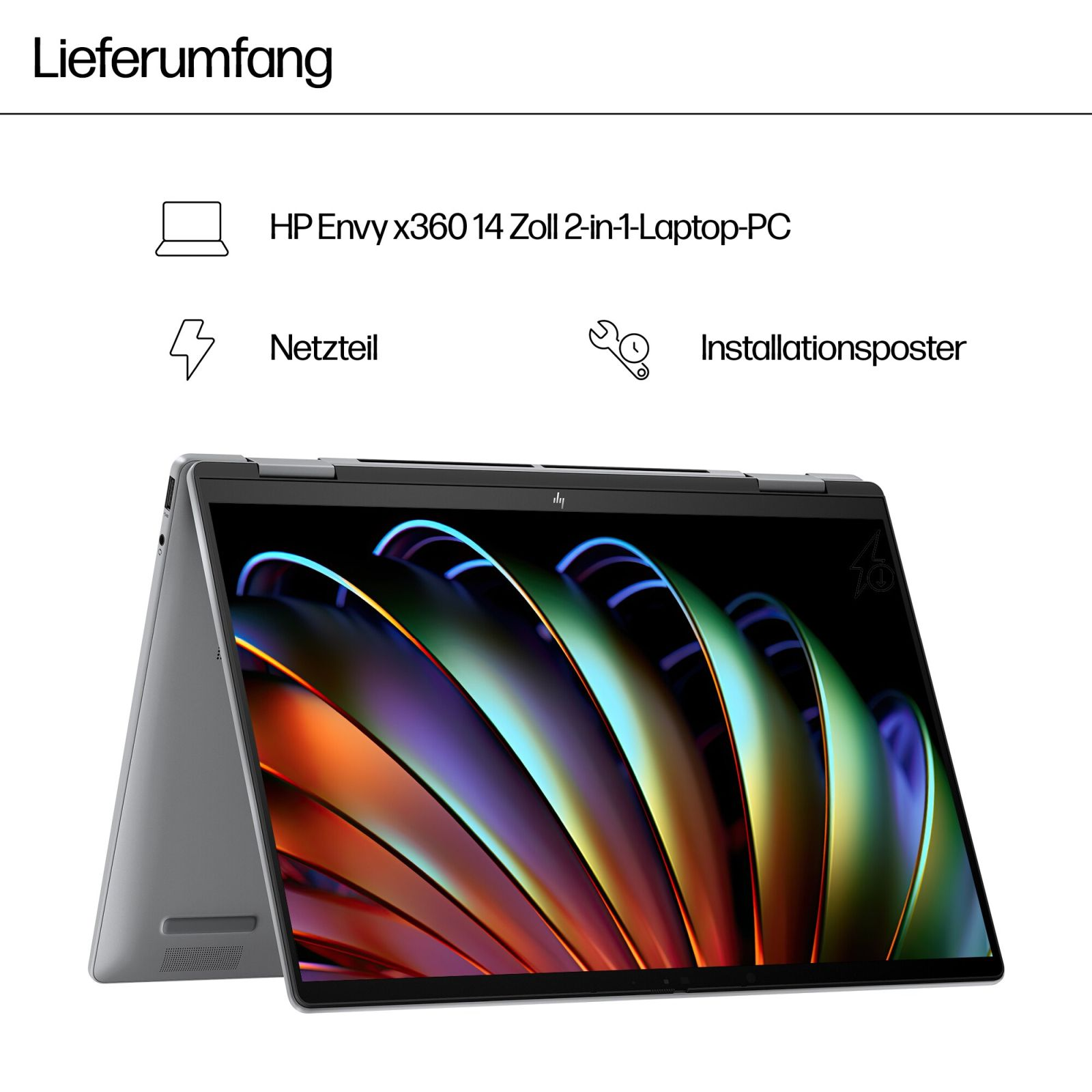 Laptop HP Envy x360 z akcesoriami. Białe tło.