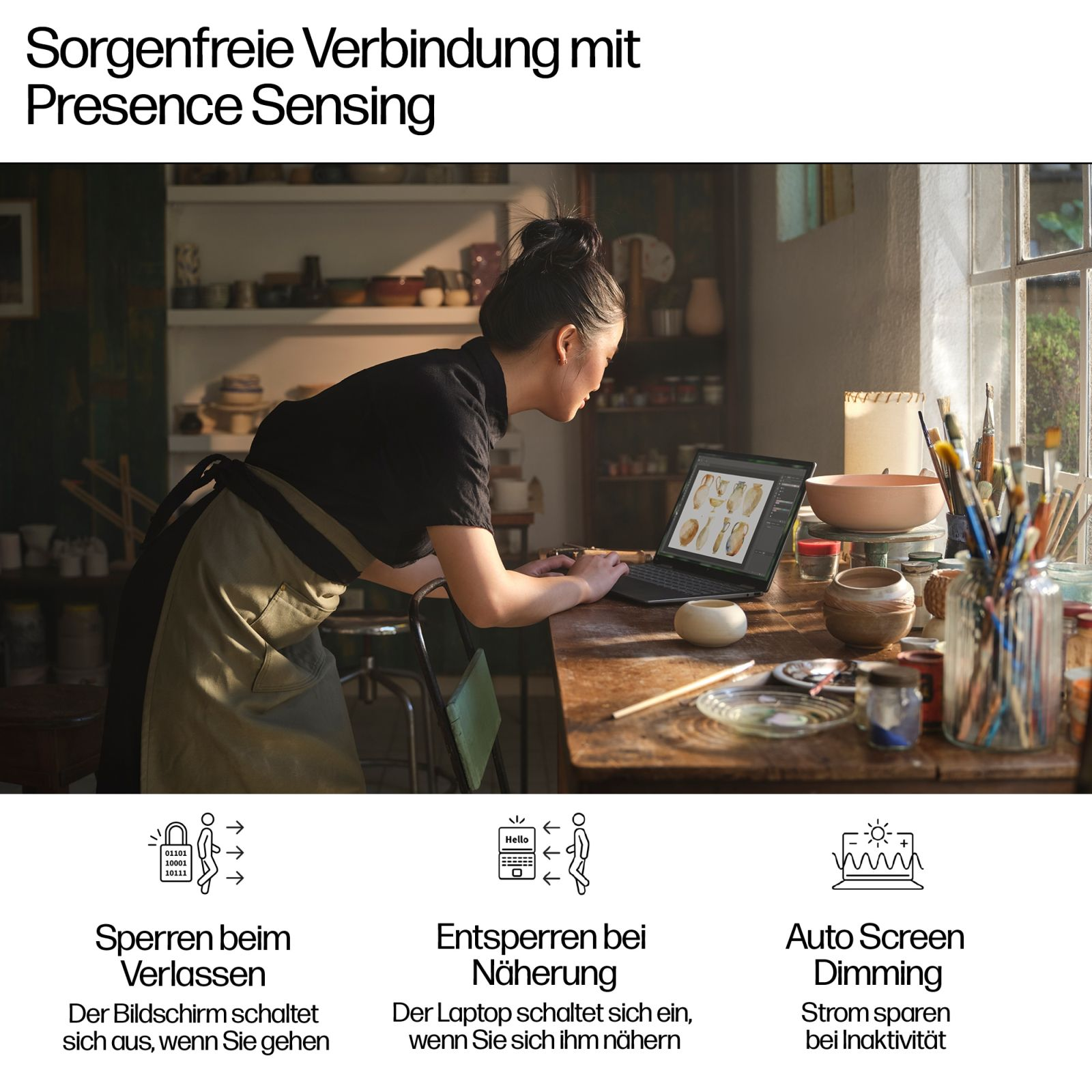 Kobieta korzystająca z laptopa z funkcjami Presence Sensing, pokazująca ikony blokady/odblokowania i automatycznego przyciemniania.