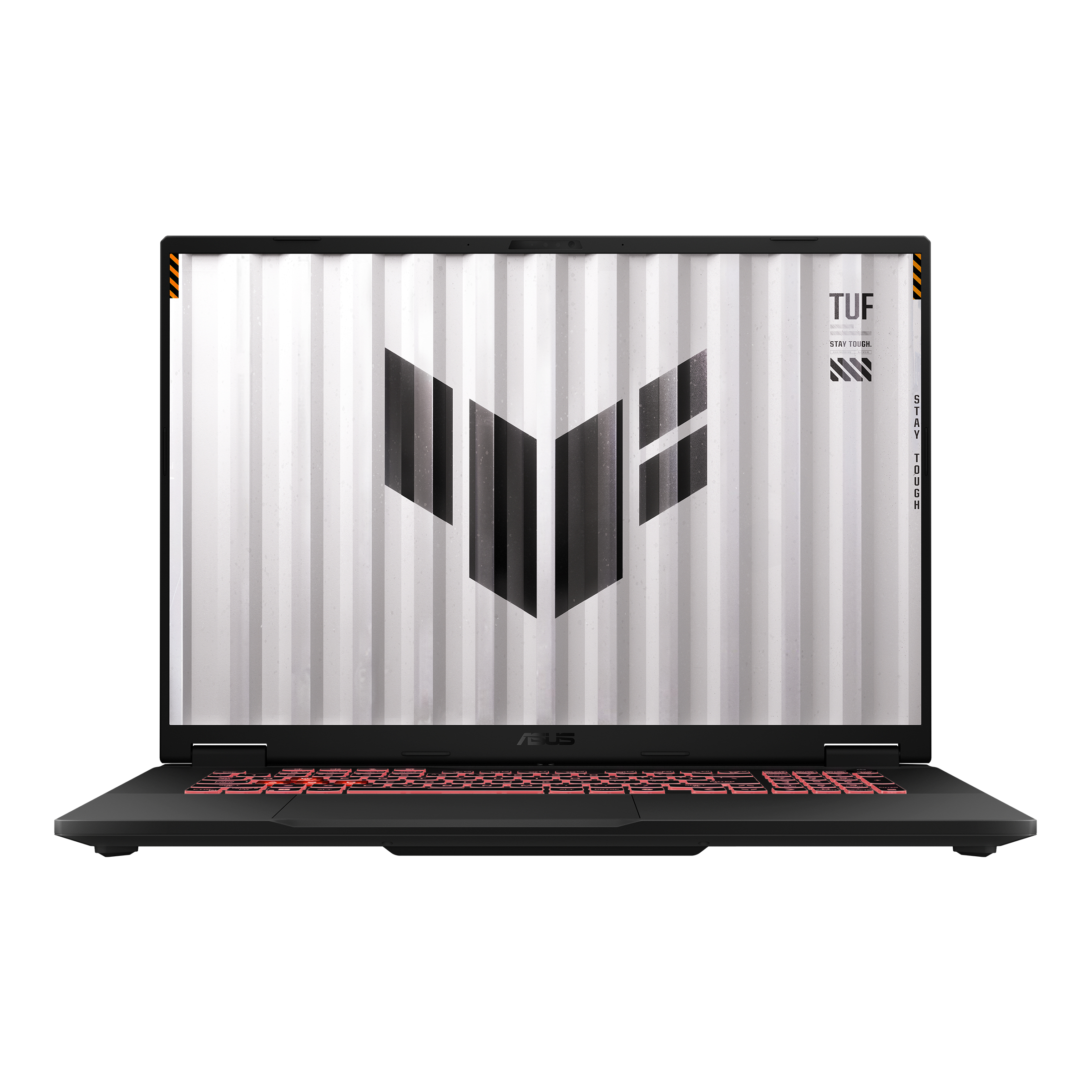 Asus TUF Laptop, schwarzer Körper, rot beleuchtete Tastatur, Logo auf dem Bildschirm, weißer Hintergrund.