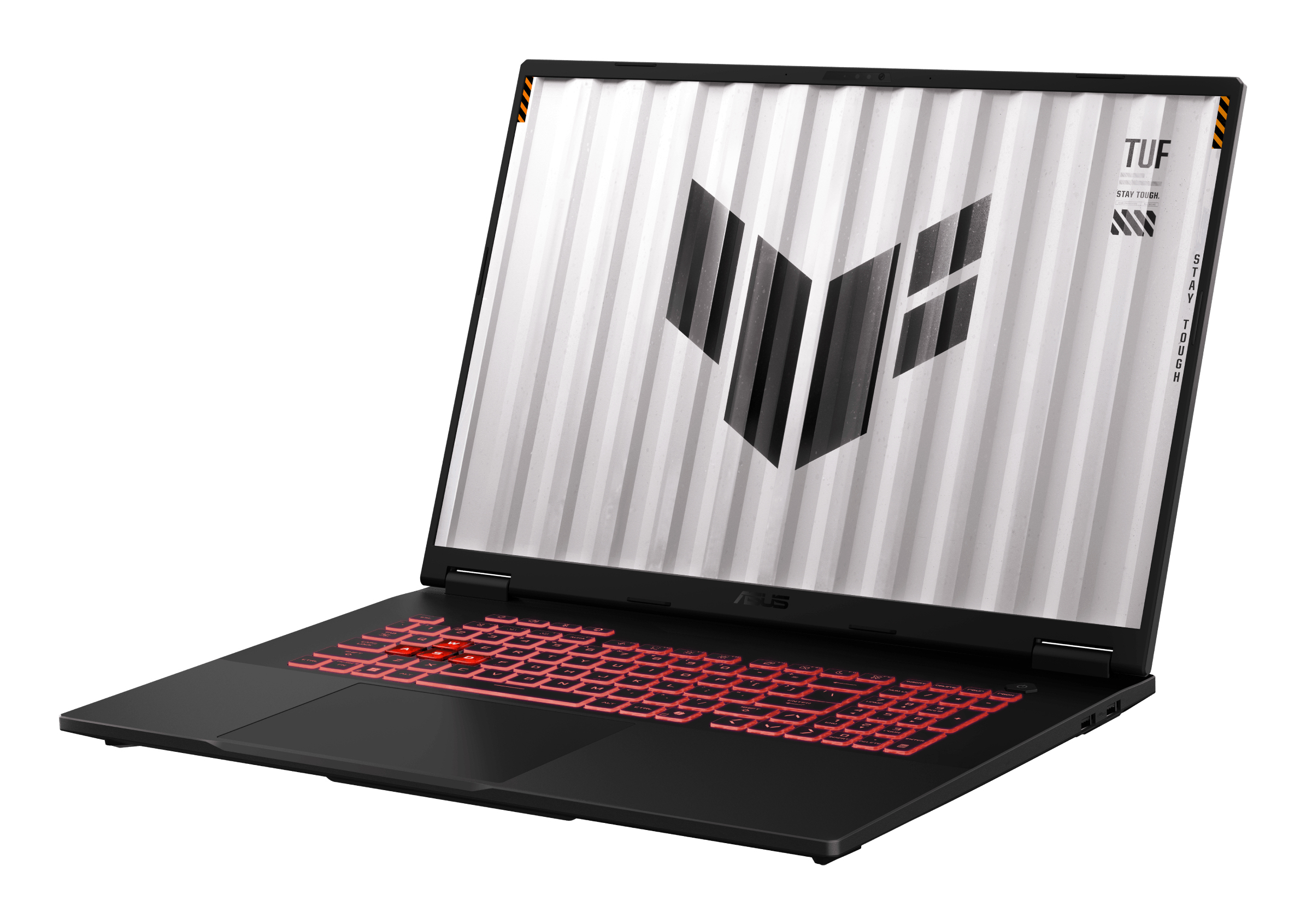 Asus TUF Laptop, schwarzer Körper, rot beleuchtete Tastatur, Logo auf dem Bildschirm, weißer Hintergrund.