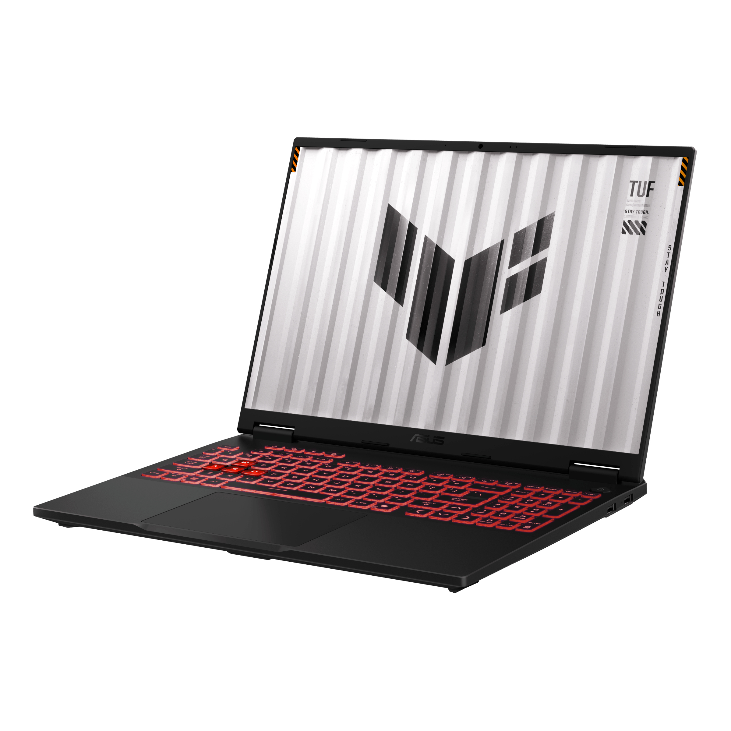 Black laptop with red backlit keyboard. White screen shows a logo. Black case. Angled view, against a white background.