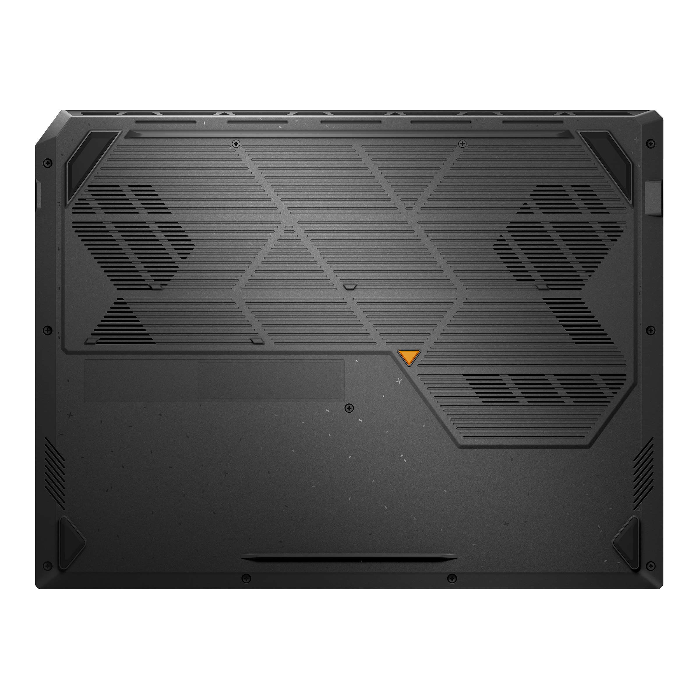 Black laptop base, underside view. Textured surface, with vents and screws visible. White background. Angled view.