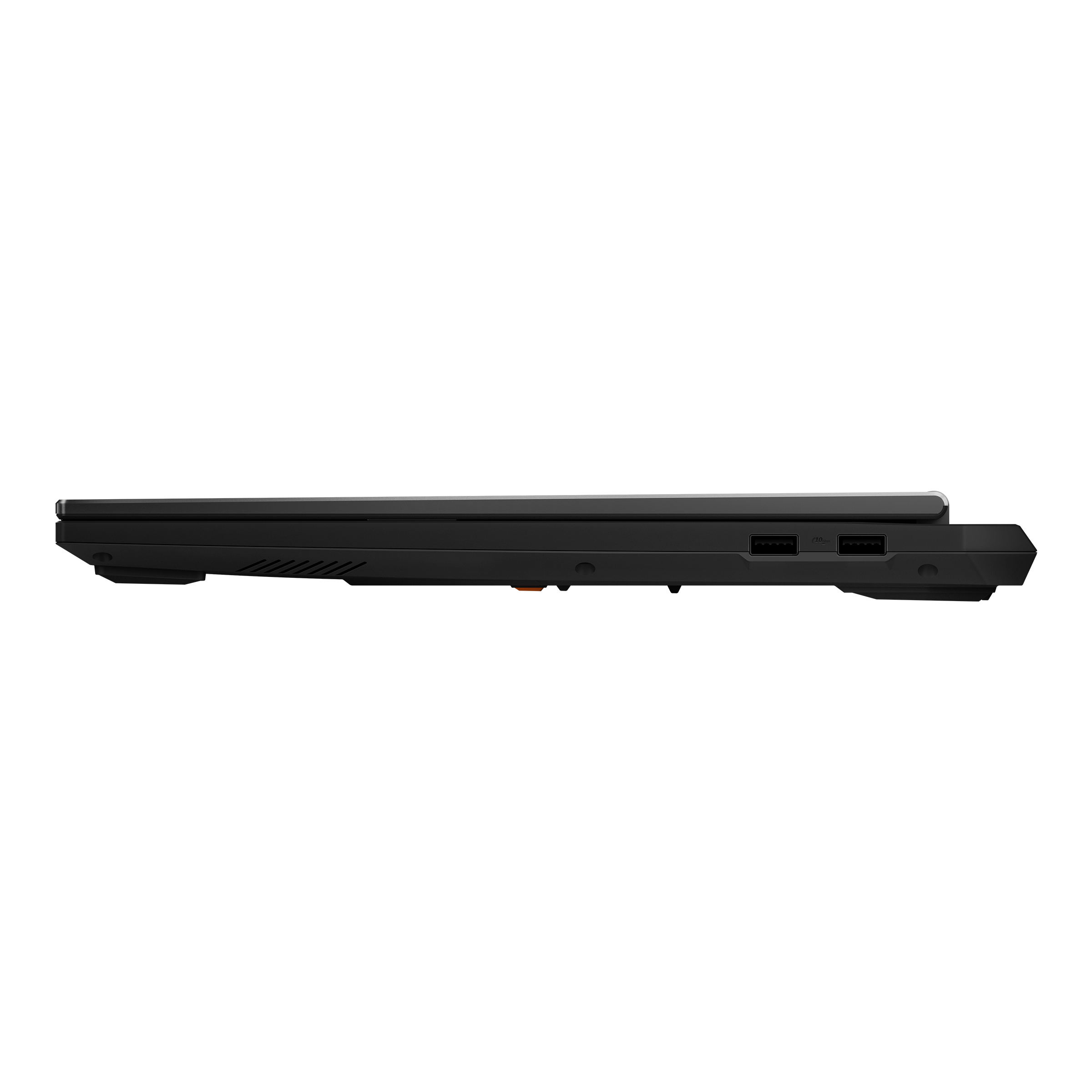 Black laptop side view. Ports and vents visible. White background. Angled view. Sleek design. Black color.