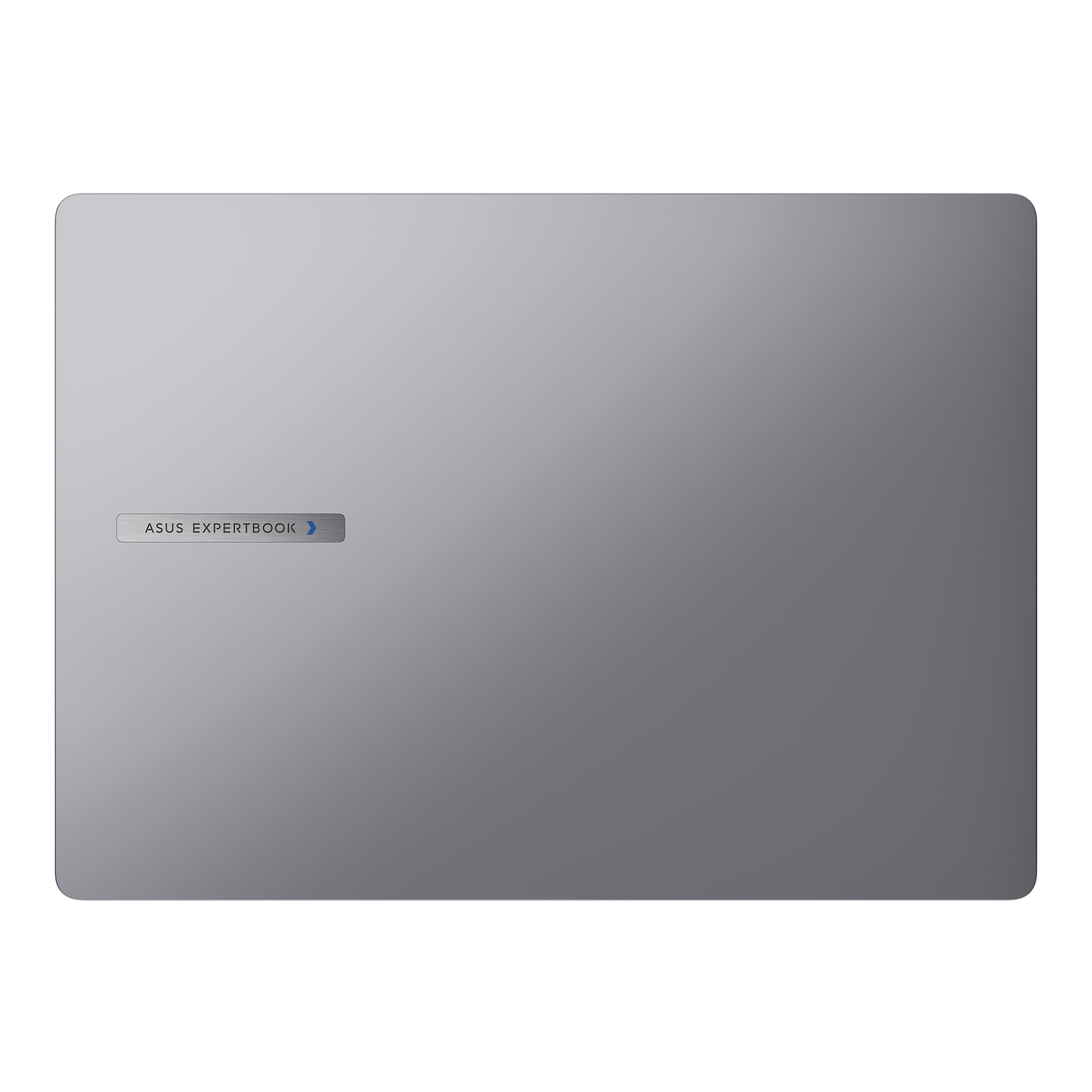Srebrna pokrywa laptopa, zamknięta. Logo ASUS ExpertBook. Białe tło. Widok z góry. Szary kolor. Prosty design.