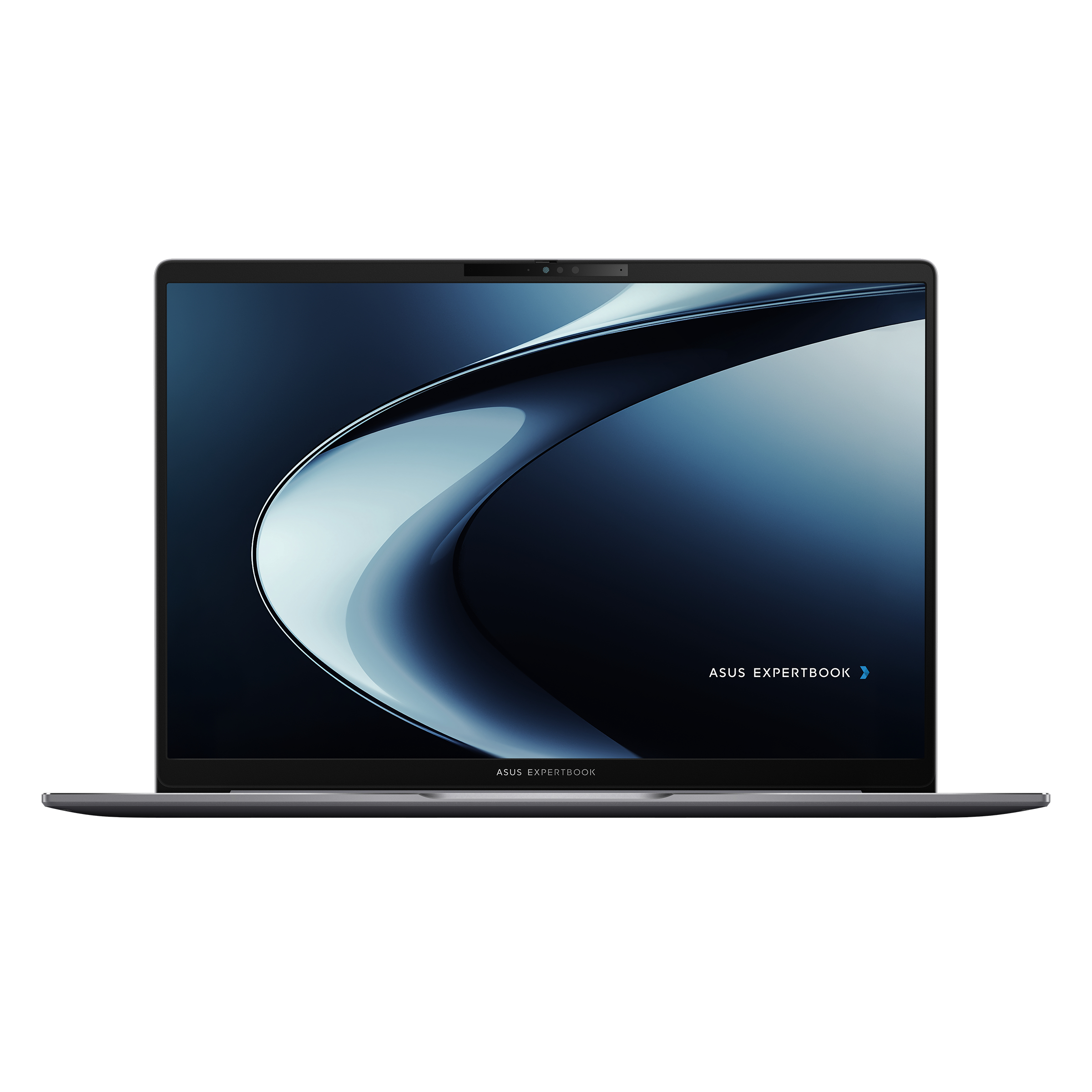 Ciemnoszary laptop, otwarty, wyświetla niebiesko-szary wzór. Logo ASUS ExpertBook na dole.