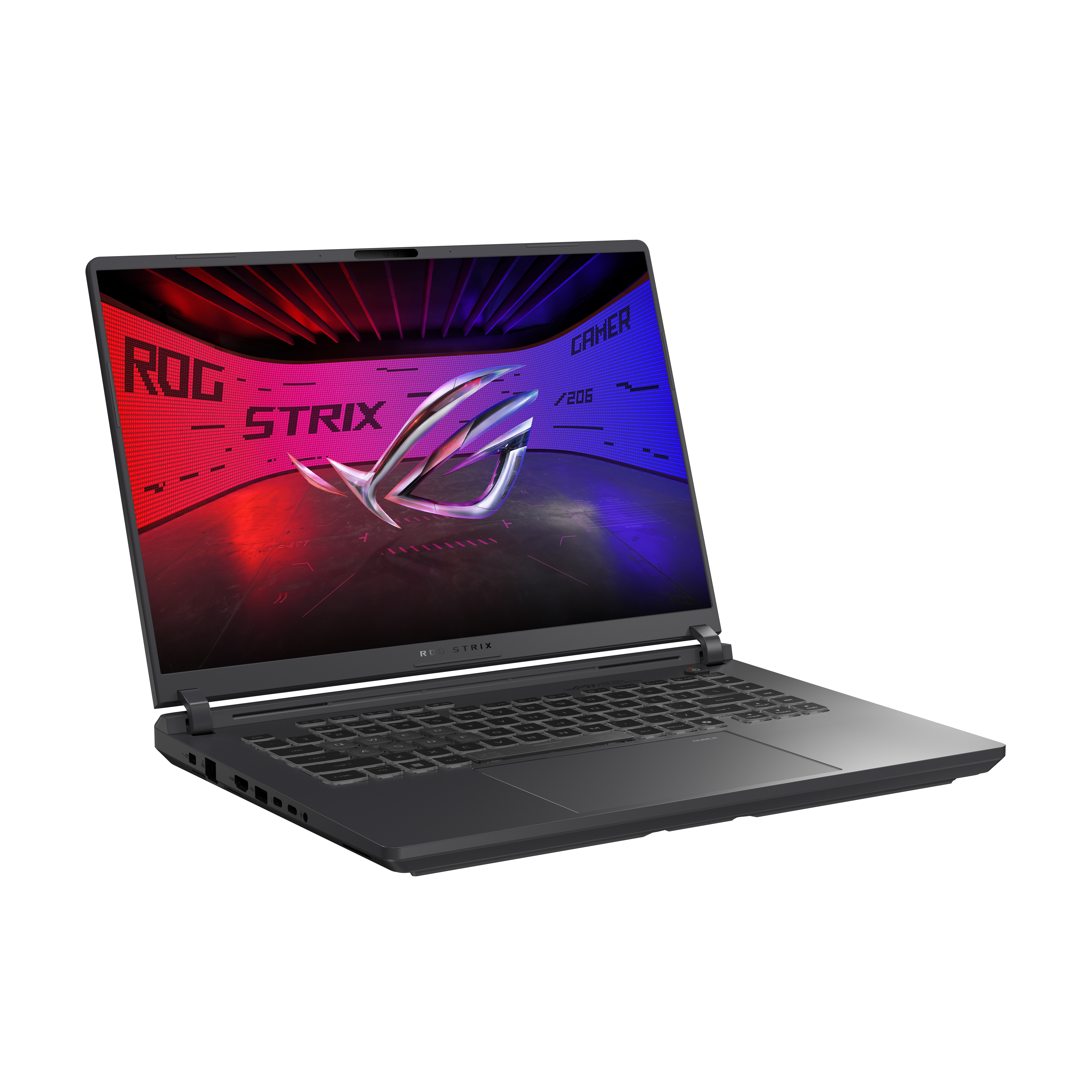 Black gaming laptop with the screen displaying ROG Strix logo, red and blue backlights are visible.