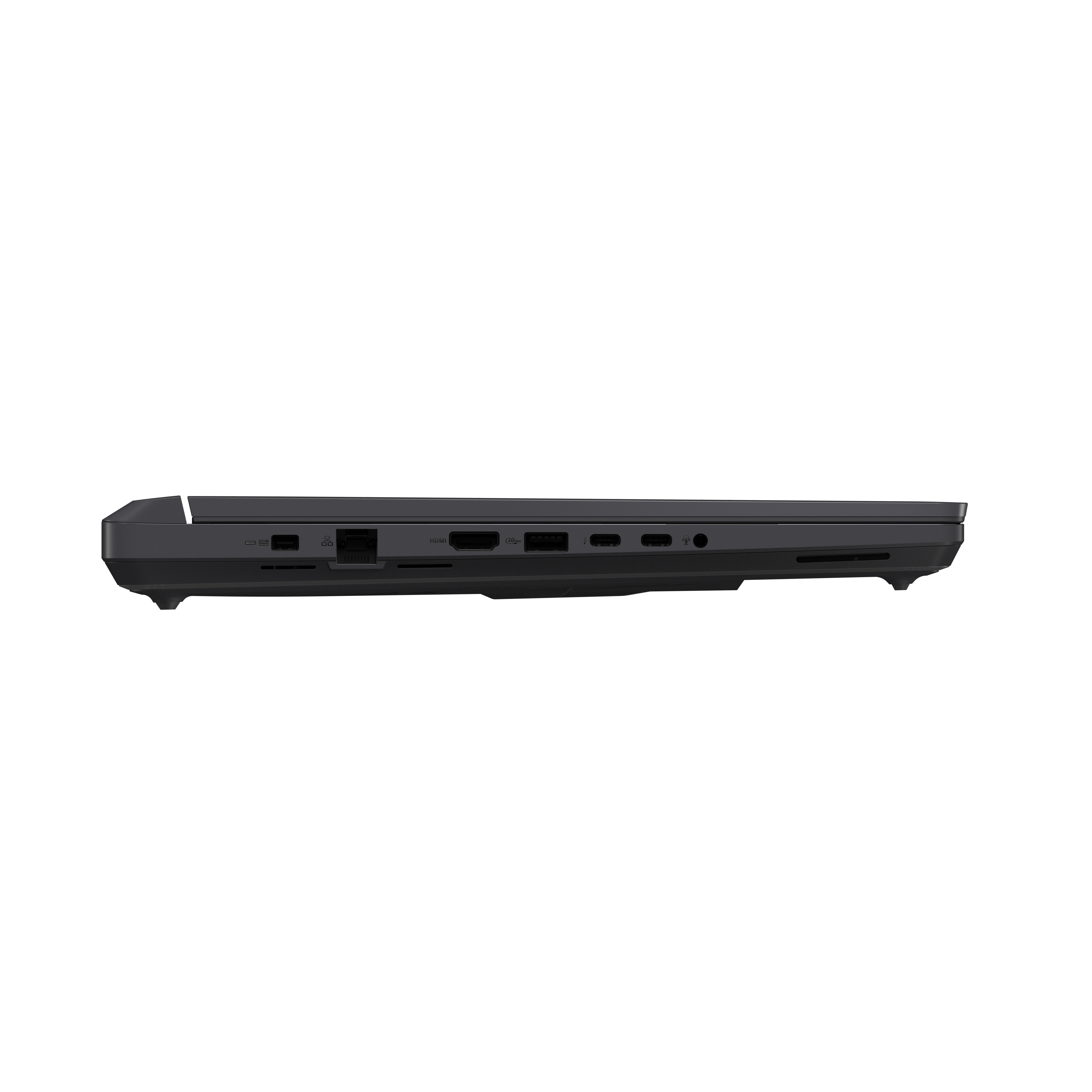 Side view of a dark laptop with ports. Black body. No screen is visible.