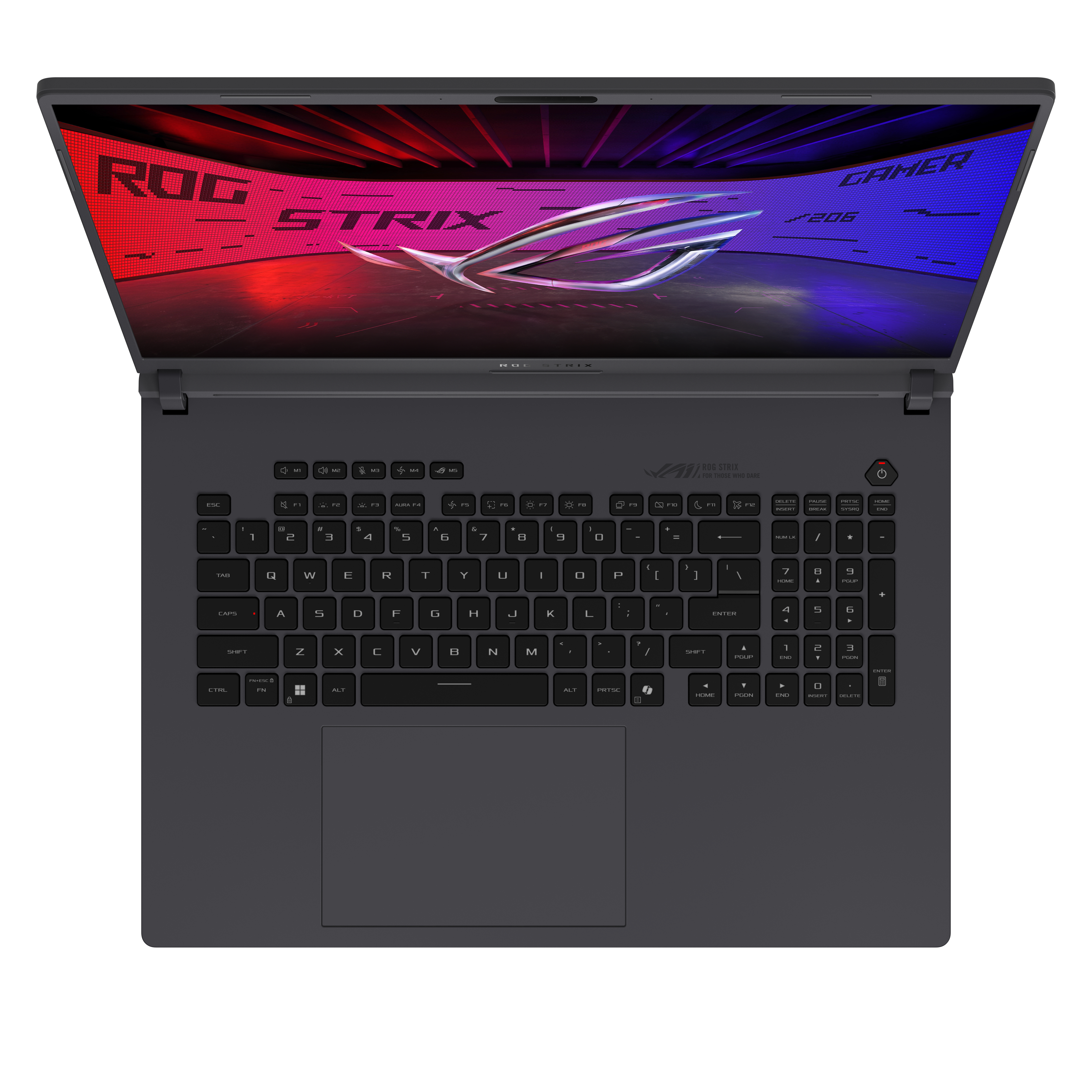 Portátil, abierto, vista superior, mostrando teclado y pantalla. 'ROG STRIX', 'GAMER'.
