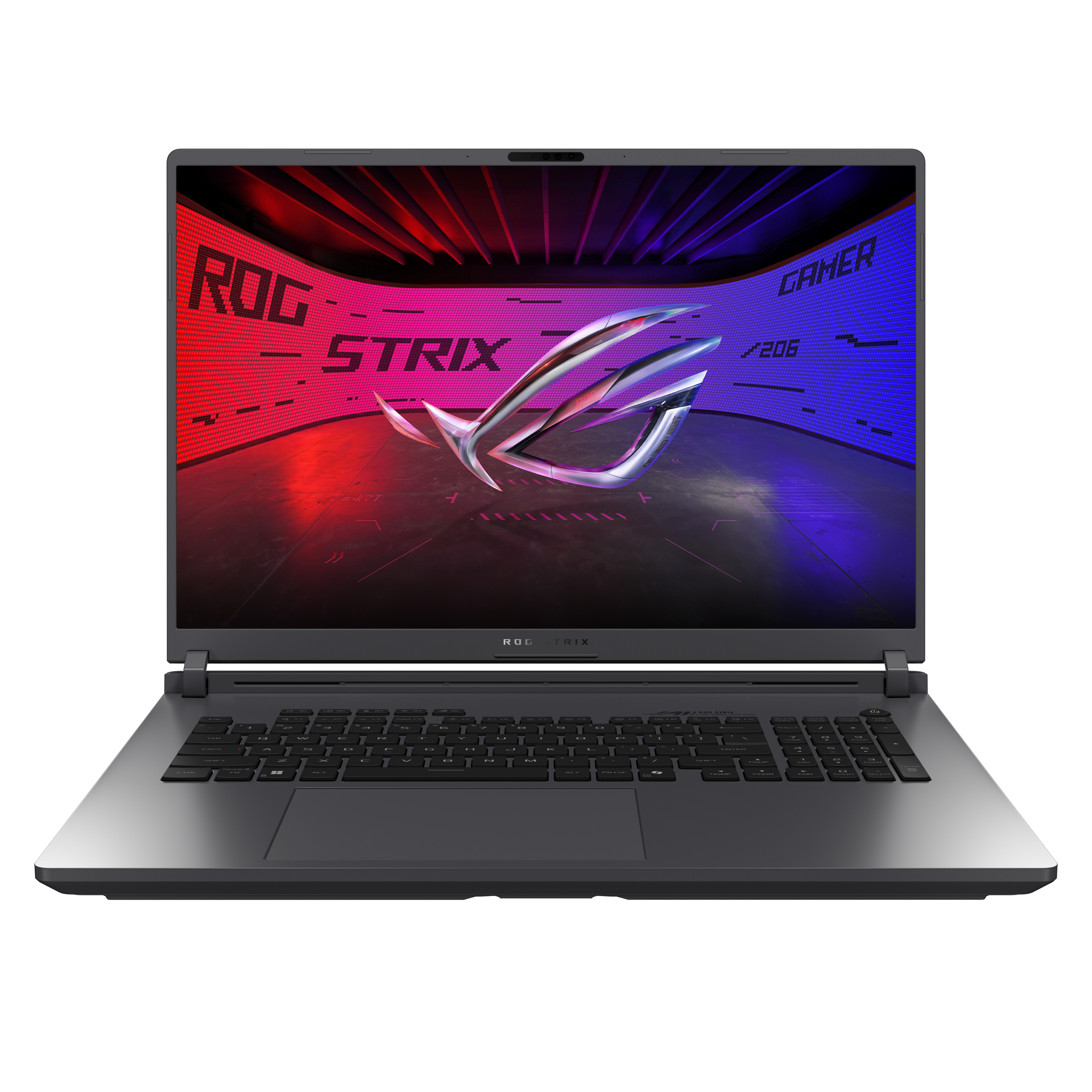 Portátil gaming negro con el logo ROG Strix, retroiluminación roja y azul visible en pantalla.