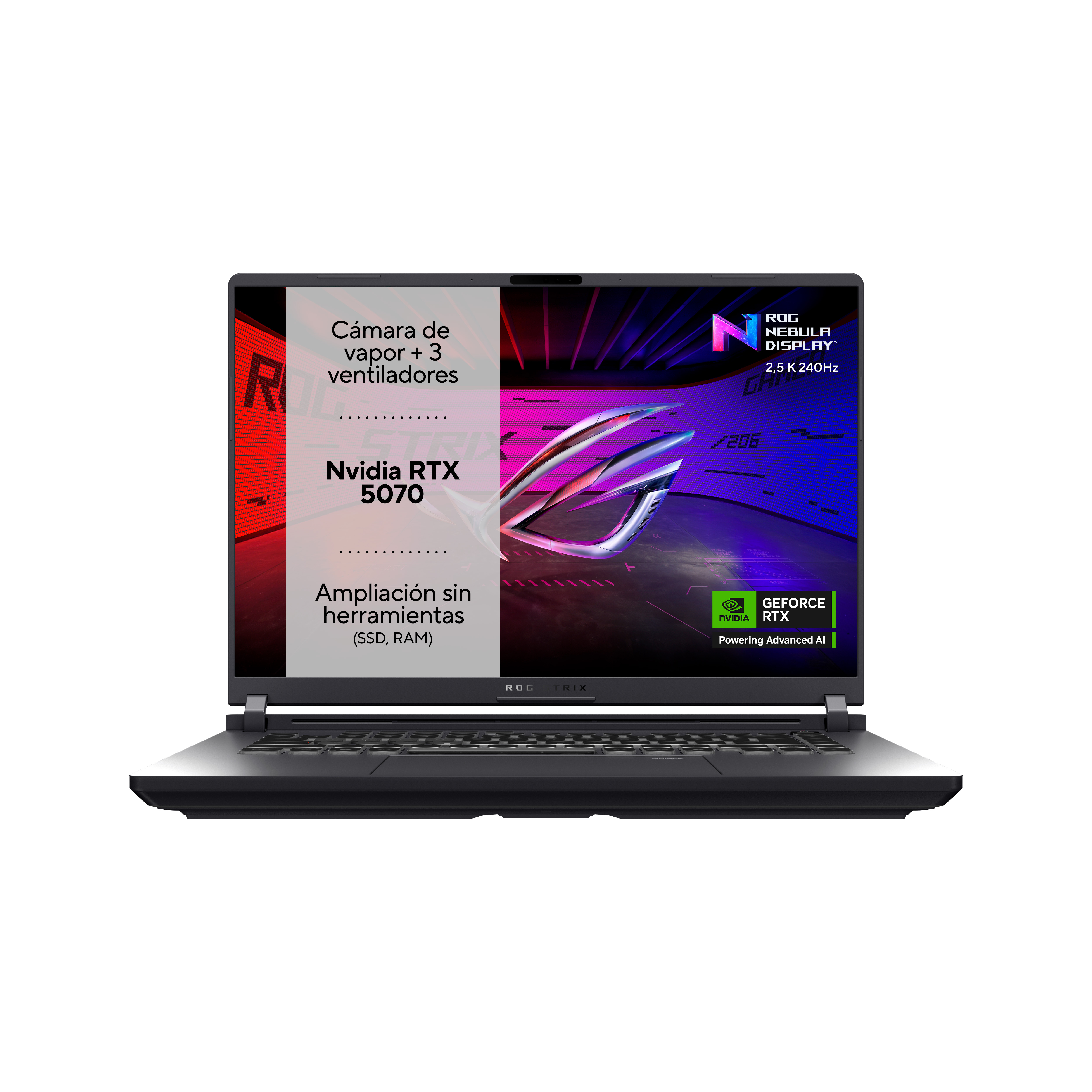 Laptop con pantalla de especificaciones, Nvidia, logo ROG. Cuerpo negro.