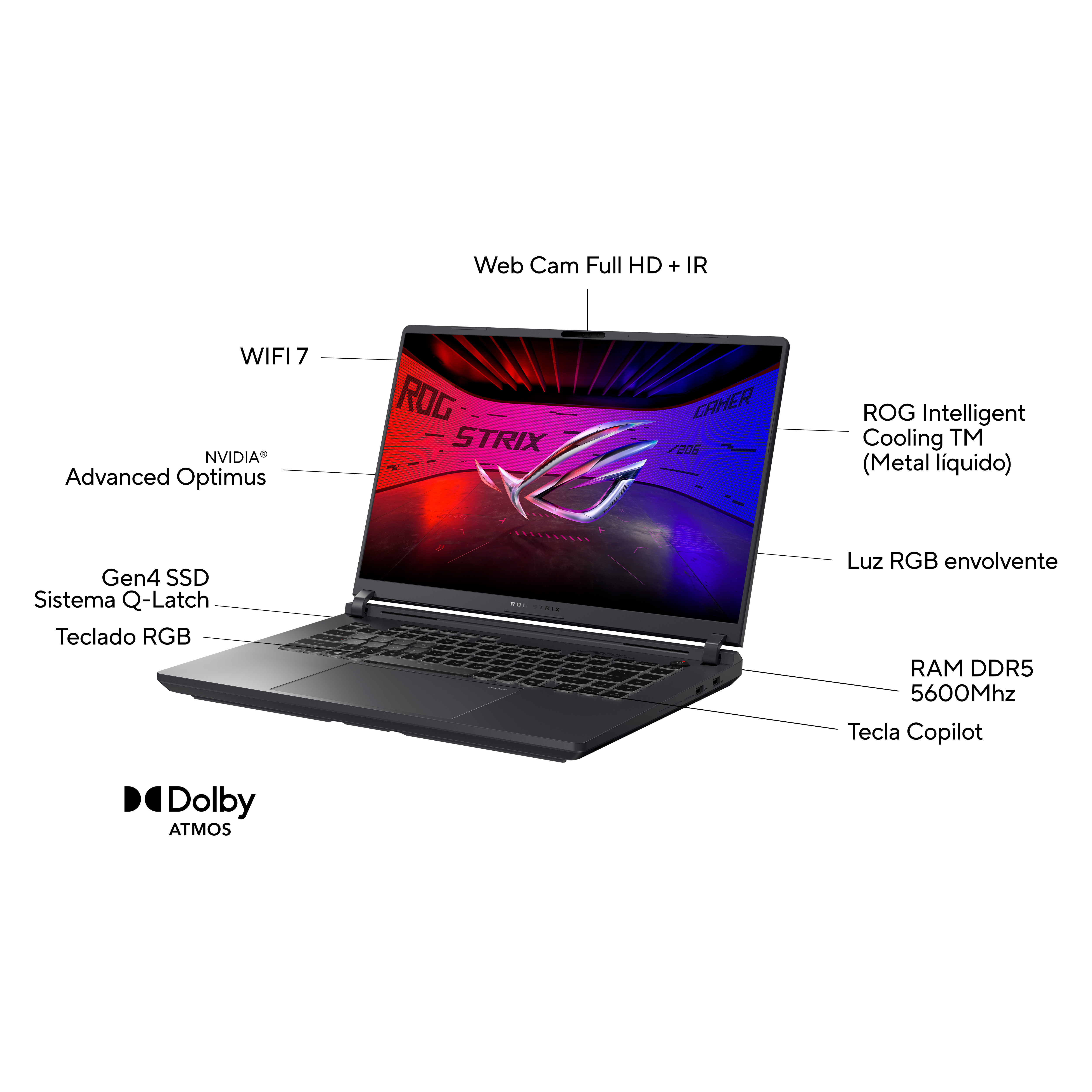 Laptop negro con especificaciones resaltadas en pantalla, logo ROG y etiquetas.