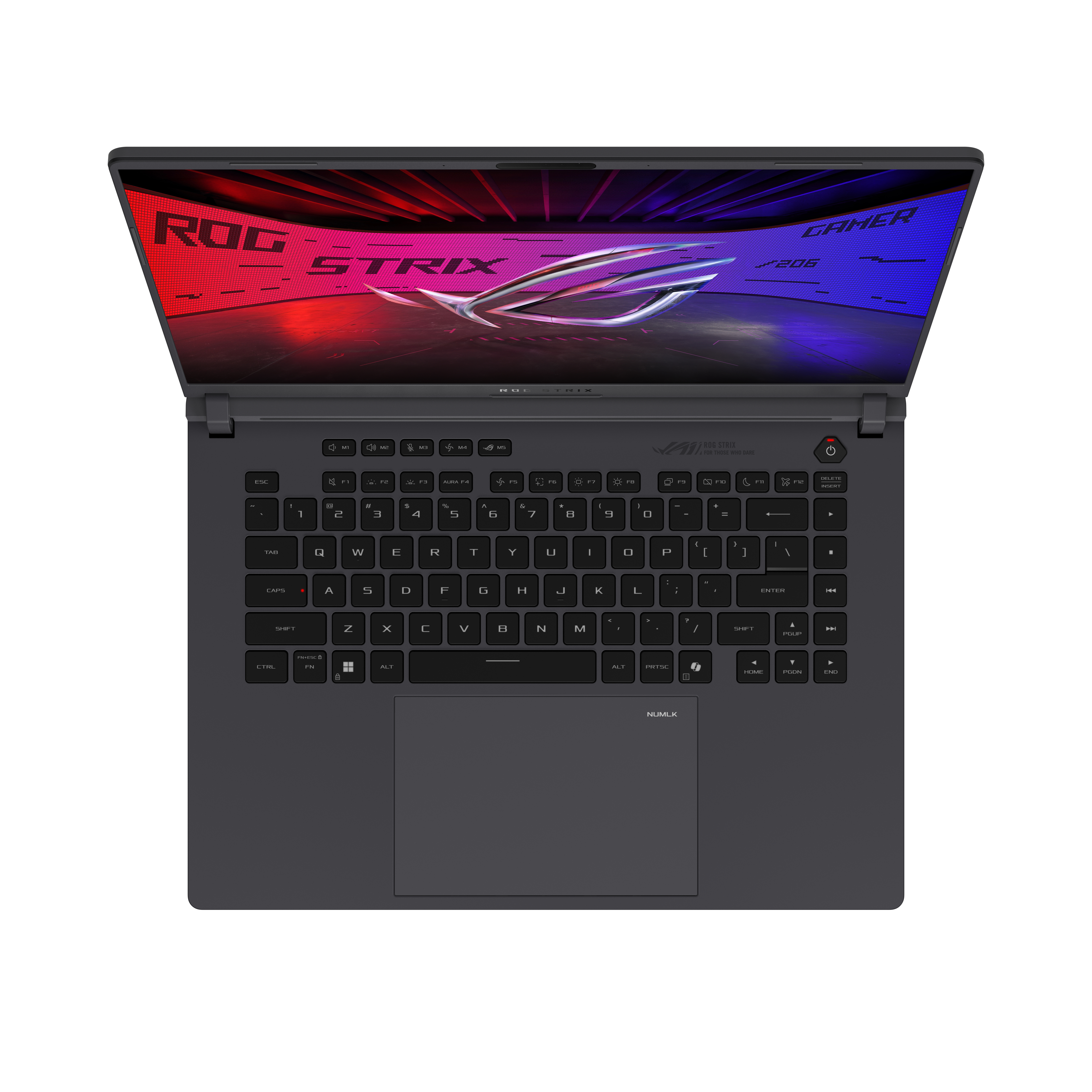 Portátil negro, vista superior, abierto, teclado visible, logo ROG. Fondo blanco.