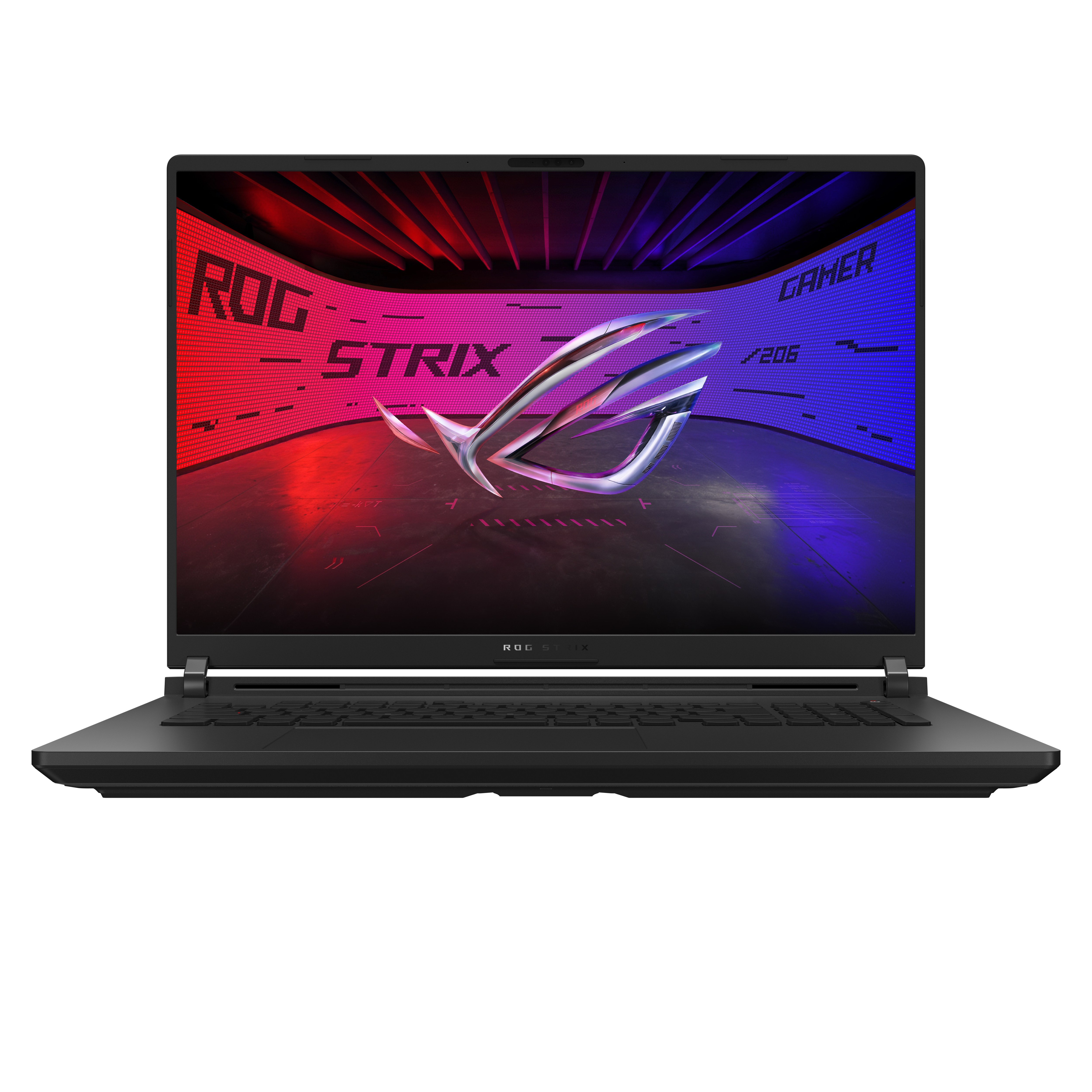 Czarny laptop ROG Strix z kolorowym ekranem, logo ROG Strix. Tło jest czerwone i niebieskie.