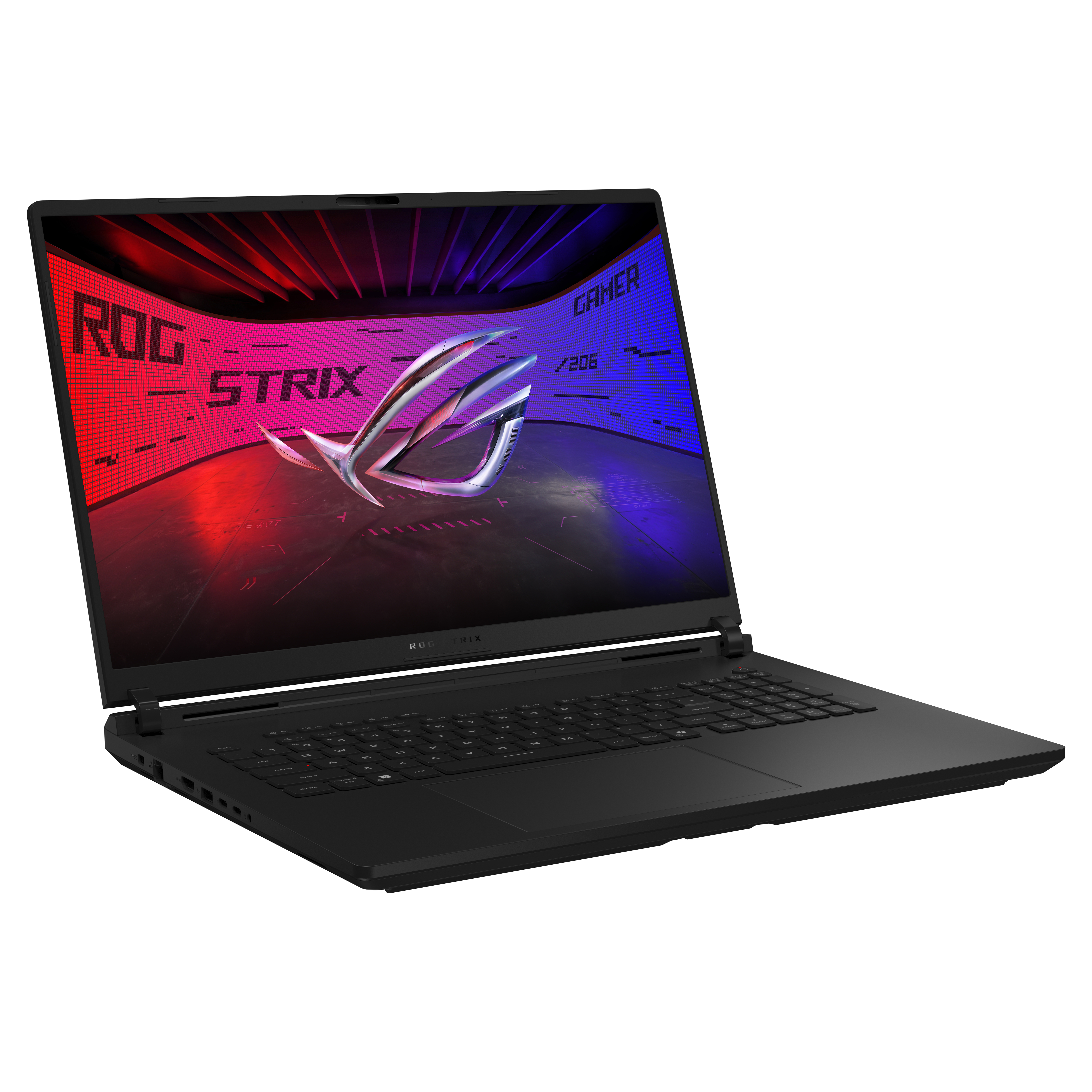 Czarny laptop ROG Strix, widok pod kątem, ekran wyświetla kolorowy design. Czerwone i niebieskie tło.