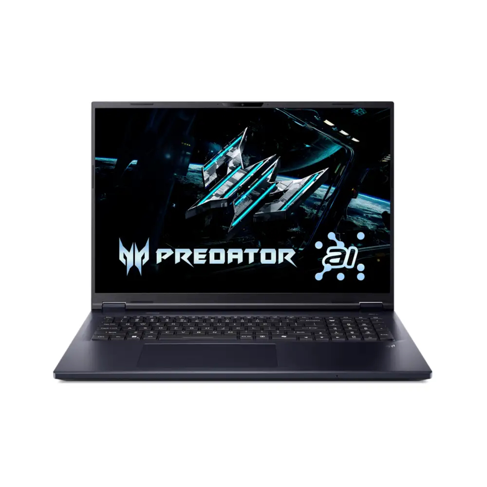 Laptop op een witte achtergrond, schuine weergave. Toont het Predator-logo op het scherm.