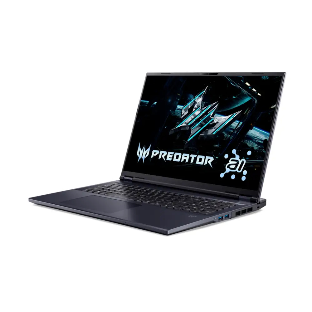 Schuine weergave van laptop. Scherm toont Predator-logo. Toetsenbord met gekleurde toetsen zichtbaar.