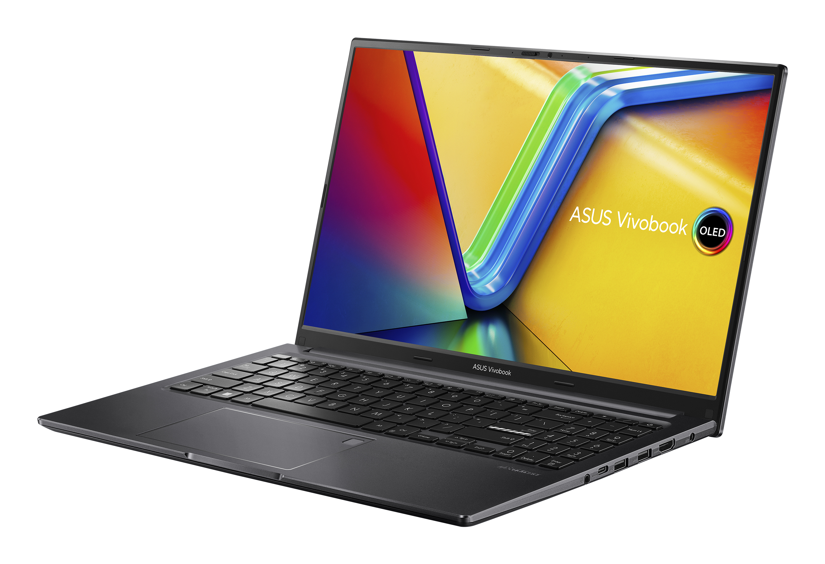 Czarny laptop ASUS Vivobook, otwarty, z kolorowym wyświetlaczem. Ekran pokazuje żółty, niebieski, zielony.