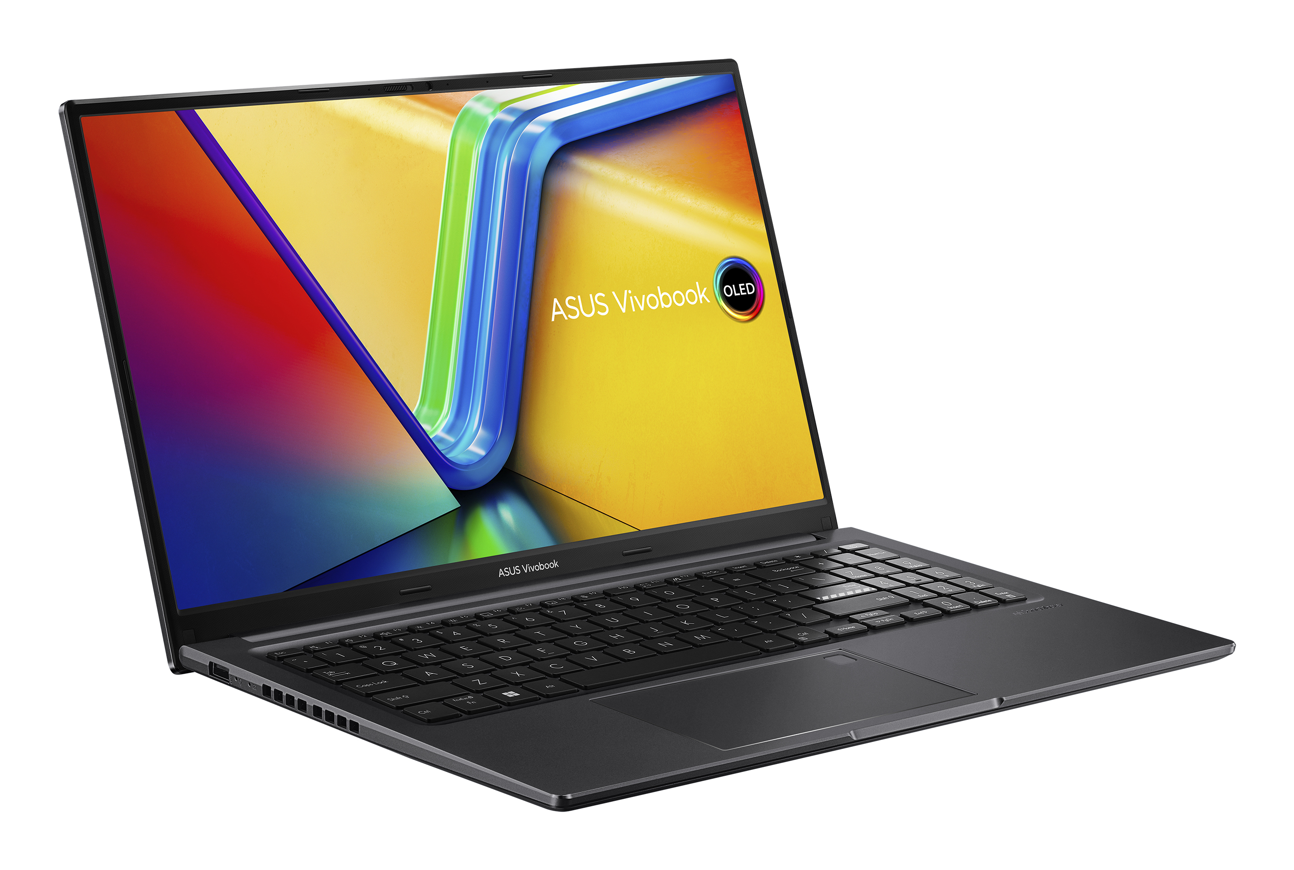 Czarny laptop ASUS Vivobook z kolorowym wyświetlaczem. Logo OLED po prawej.