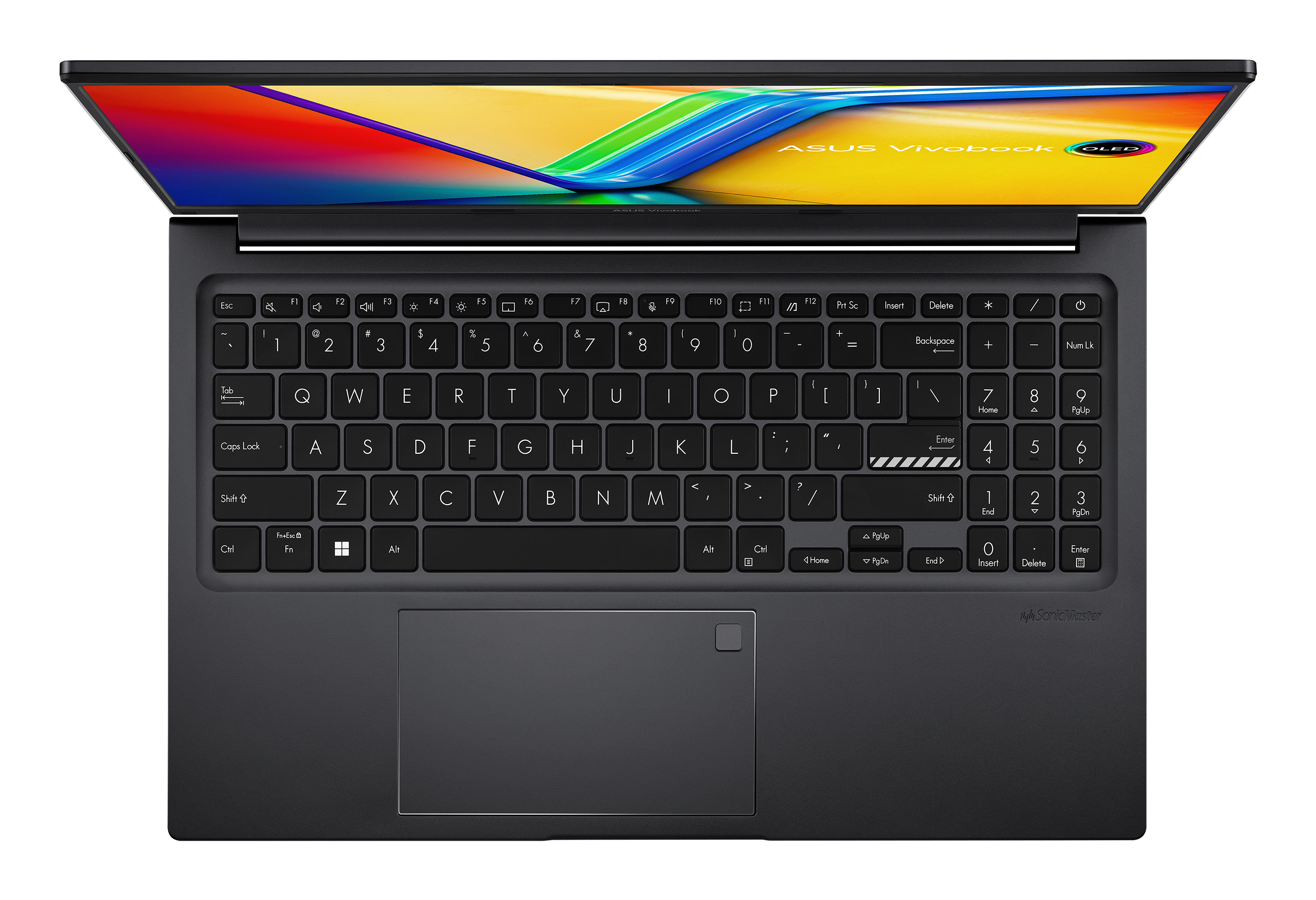 Laptop, otwarty, widoczna klawiatura. Ekran wyświetla kolorowy obraz abstrakcyjny. Czarne klawisze, ciemny korpus, białe tło.