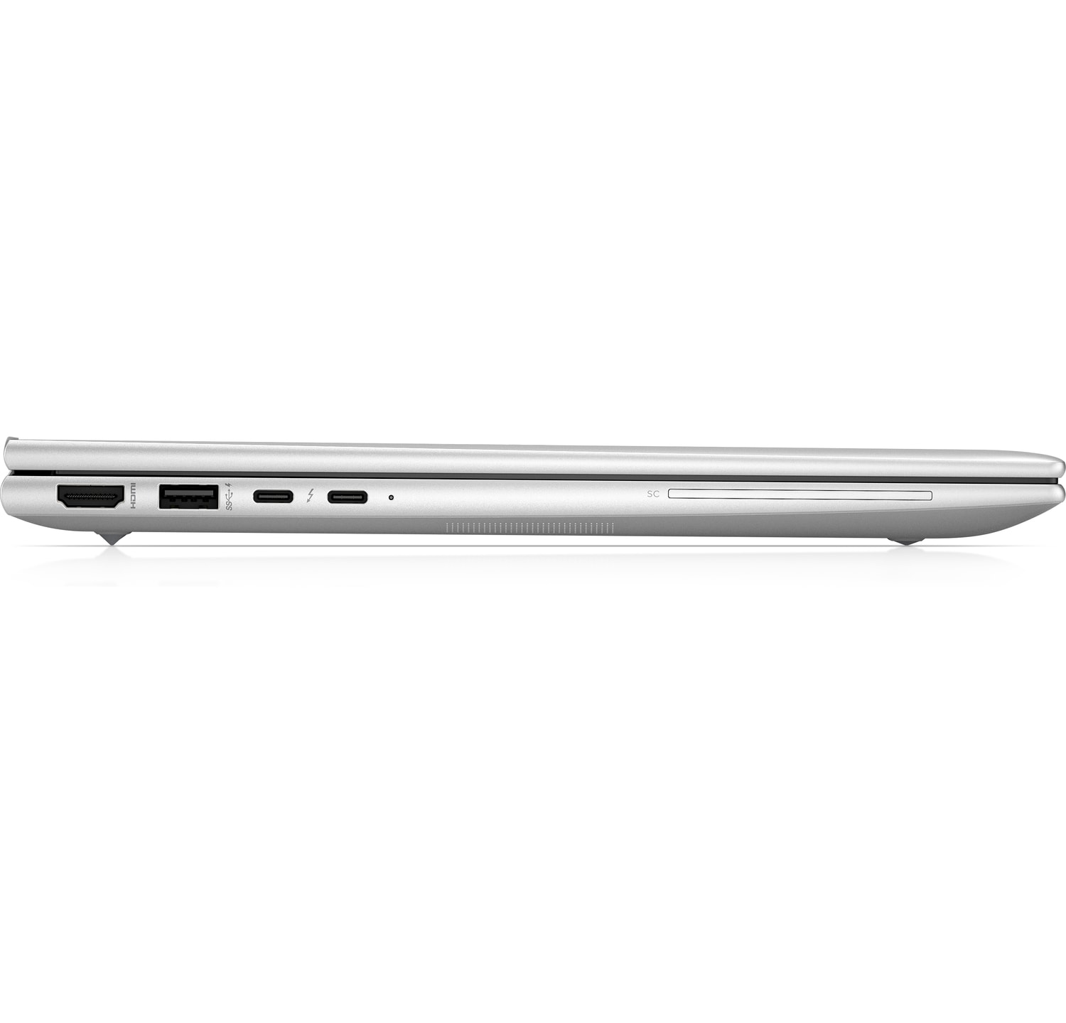 Zijaanzicht van een gesloten zilveren laptop met zichtbare poorten.