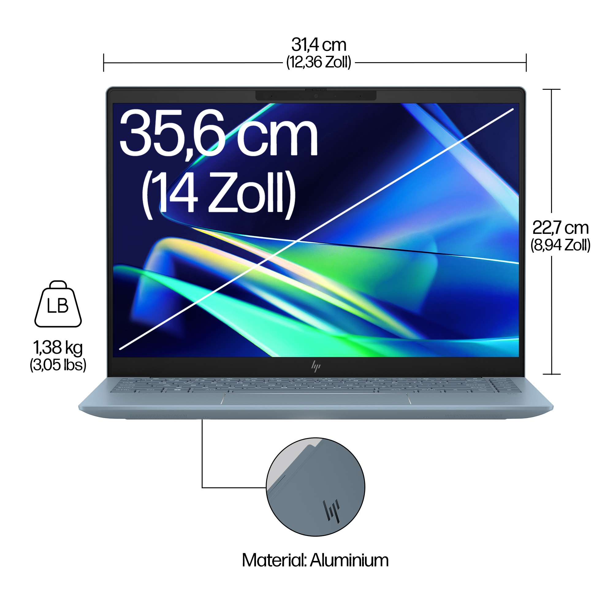 Wymiary i specyfikacje laptopa. Zawiera rozmiar ekranu, wagę i materiał (aluminium). Białe tło.