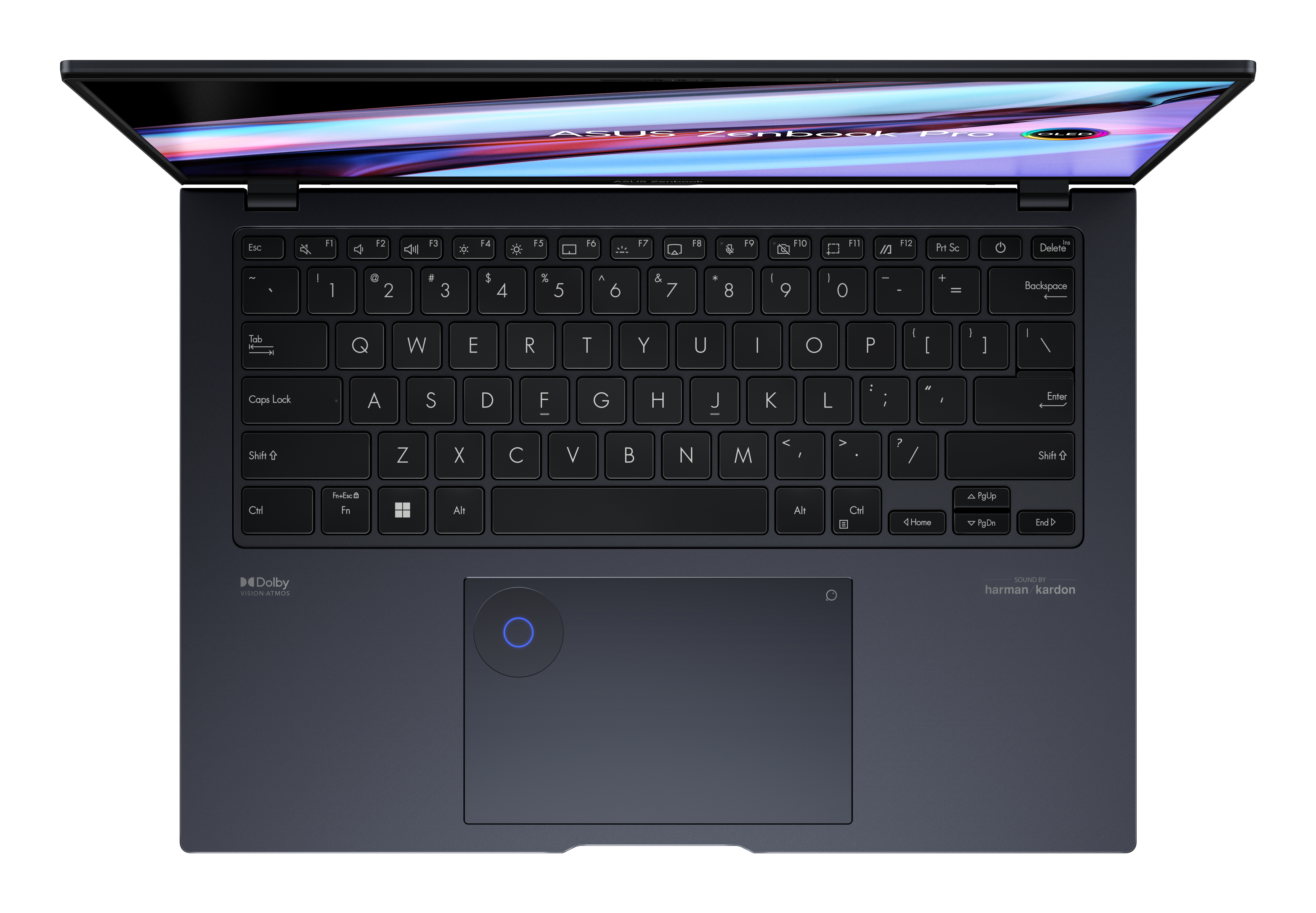 Portátil Asus Zenbook Pro, vista superior, teclado, panel táctil y pantalla. Negro y azul.