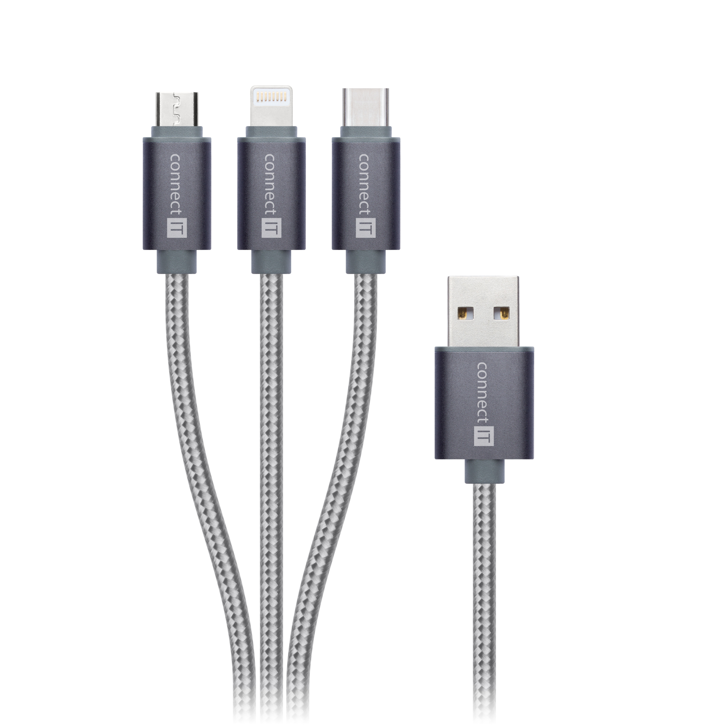 Cavi USB multipli con diversi connettori. Sfondo bianco.