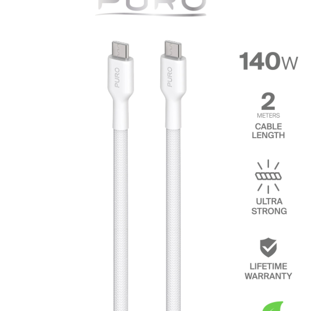 Dos cables USB-C blancos con el logo 'PURO' y detalles de potencia (140W) y longitud del cable (2 metros).