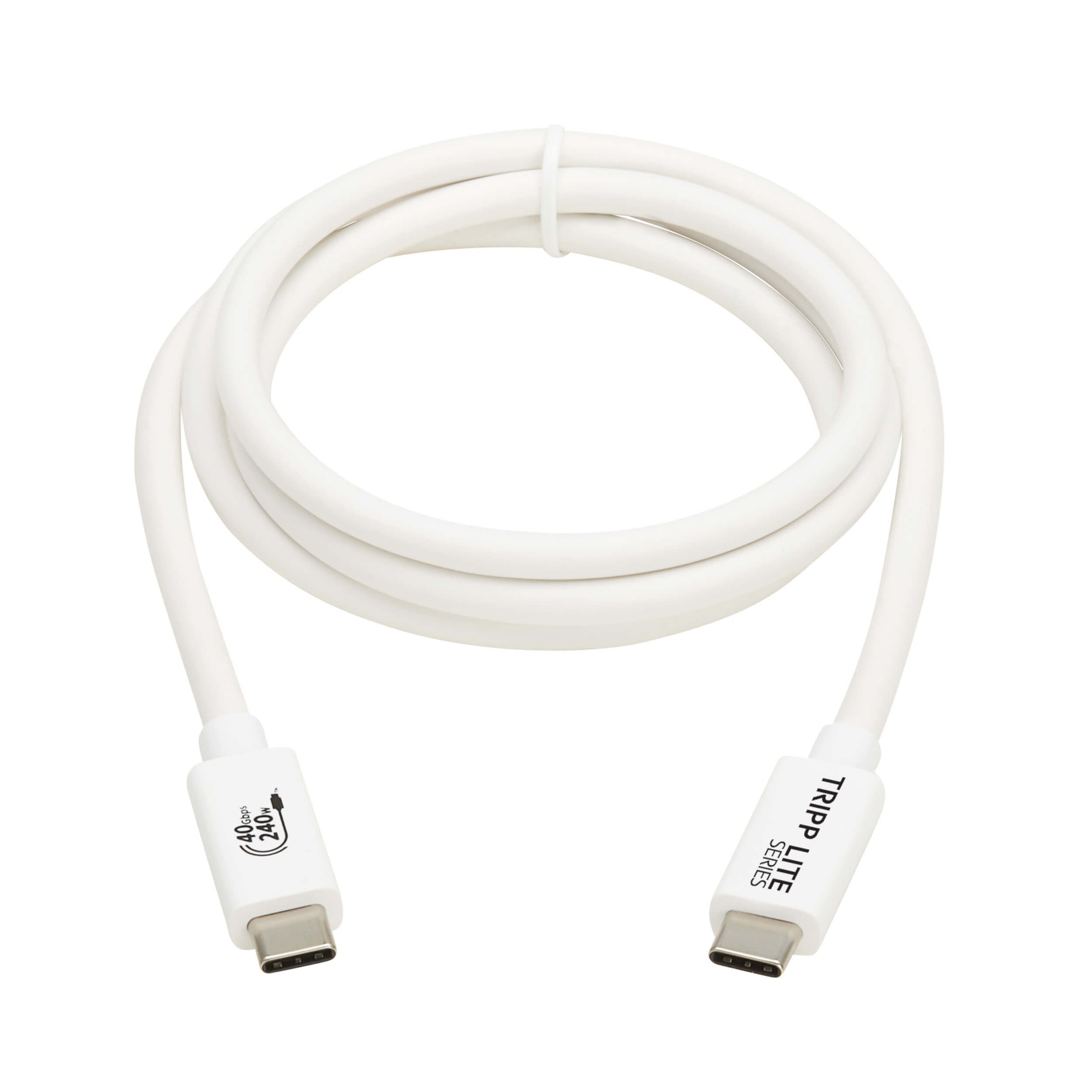 Biały kabel USB-C, zwinięty na białym tle. Posiada etykiety Tripp Lite Series i szczegóły złącza.