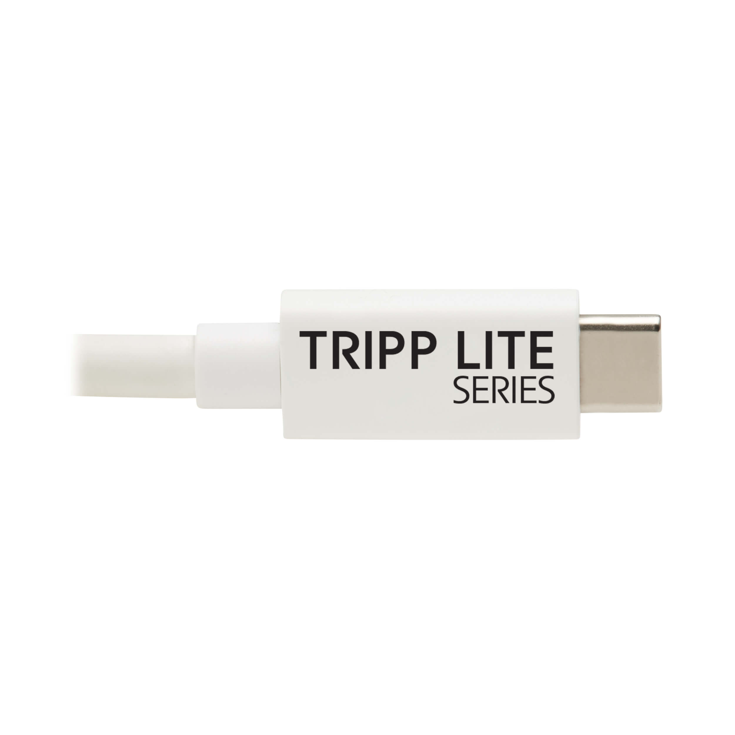 Zbliżenie białego złącza USB-C. Tekst: Tripp Lite Series.