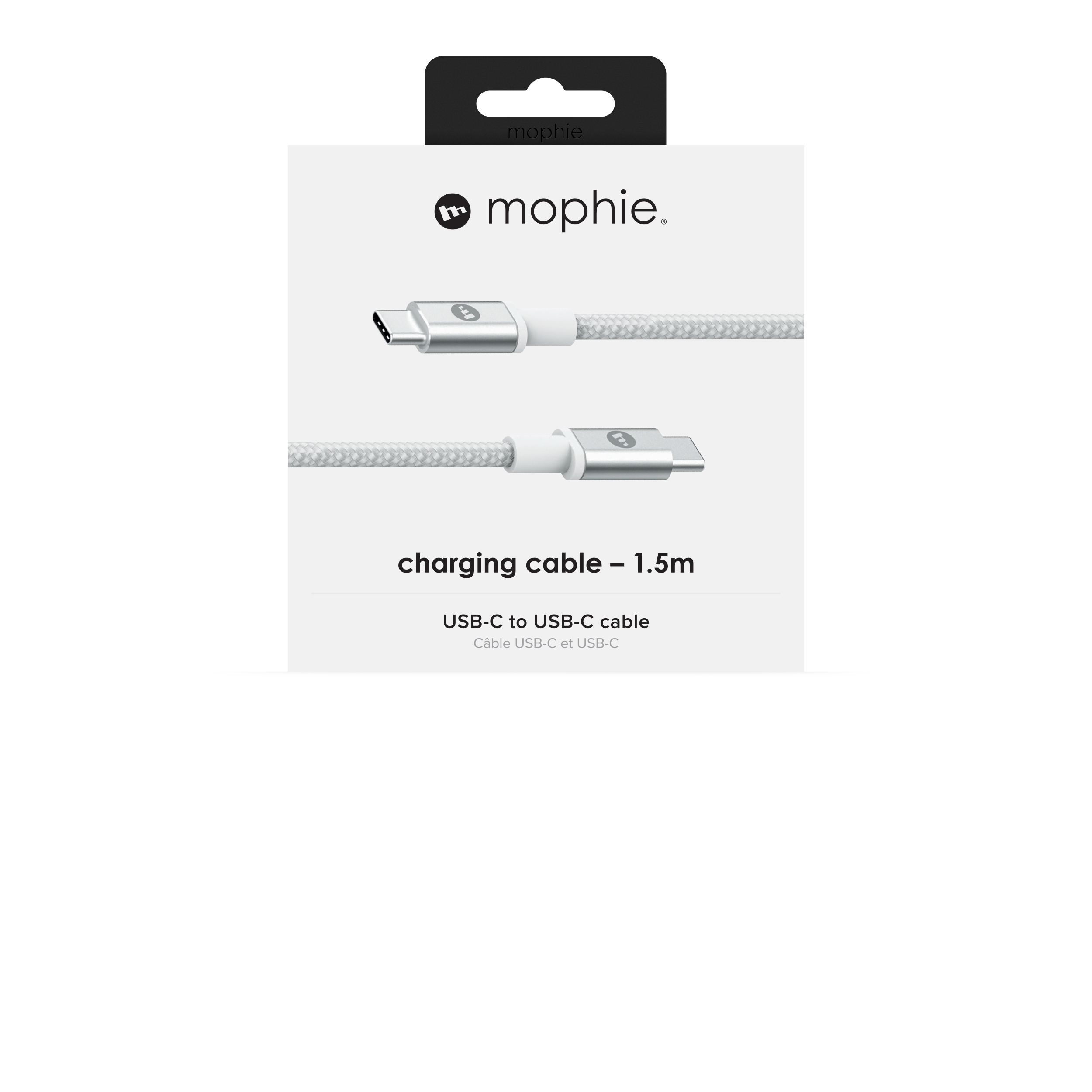 Scatola del cavo di ricarica Mophie. Mostra il cavo con connettori USB-C.