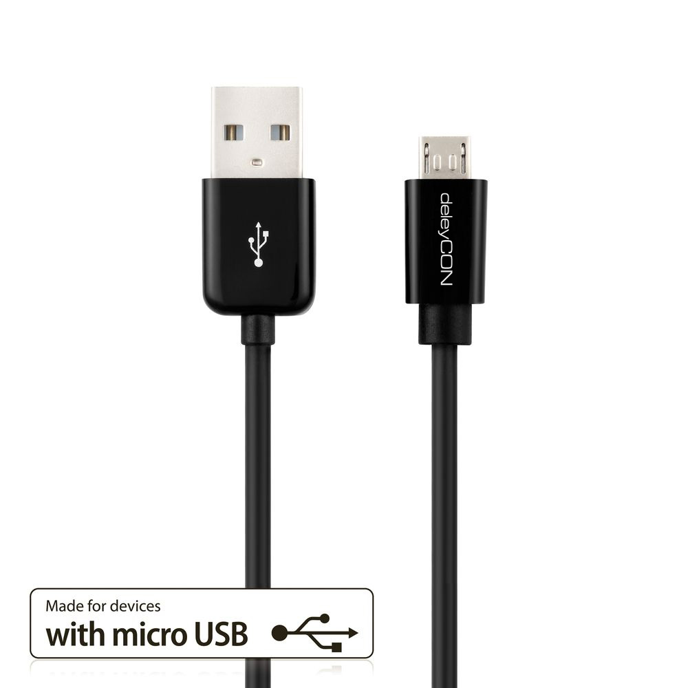 Ein schwarzes USB-Kabel mit USB- und Micro-USB-Anschlüssen, Text 'deleyCON' und ein Symbol.