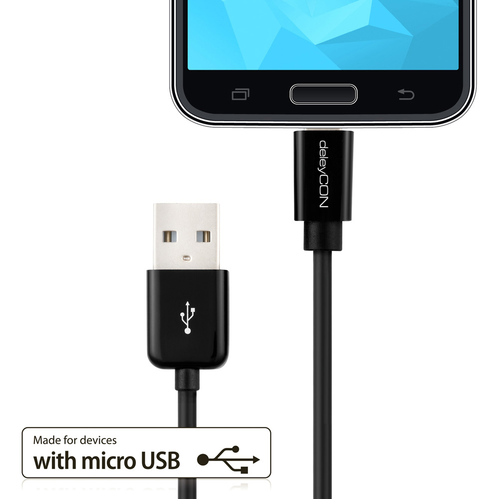Schwarzes Ladekabel, das mit einem Telefon verbunden ist. USB zu Micro-USB.