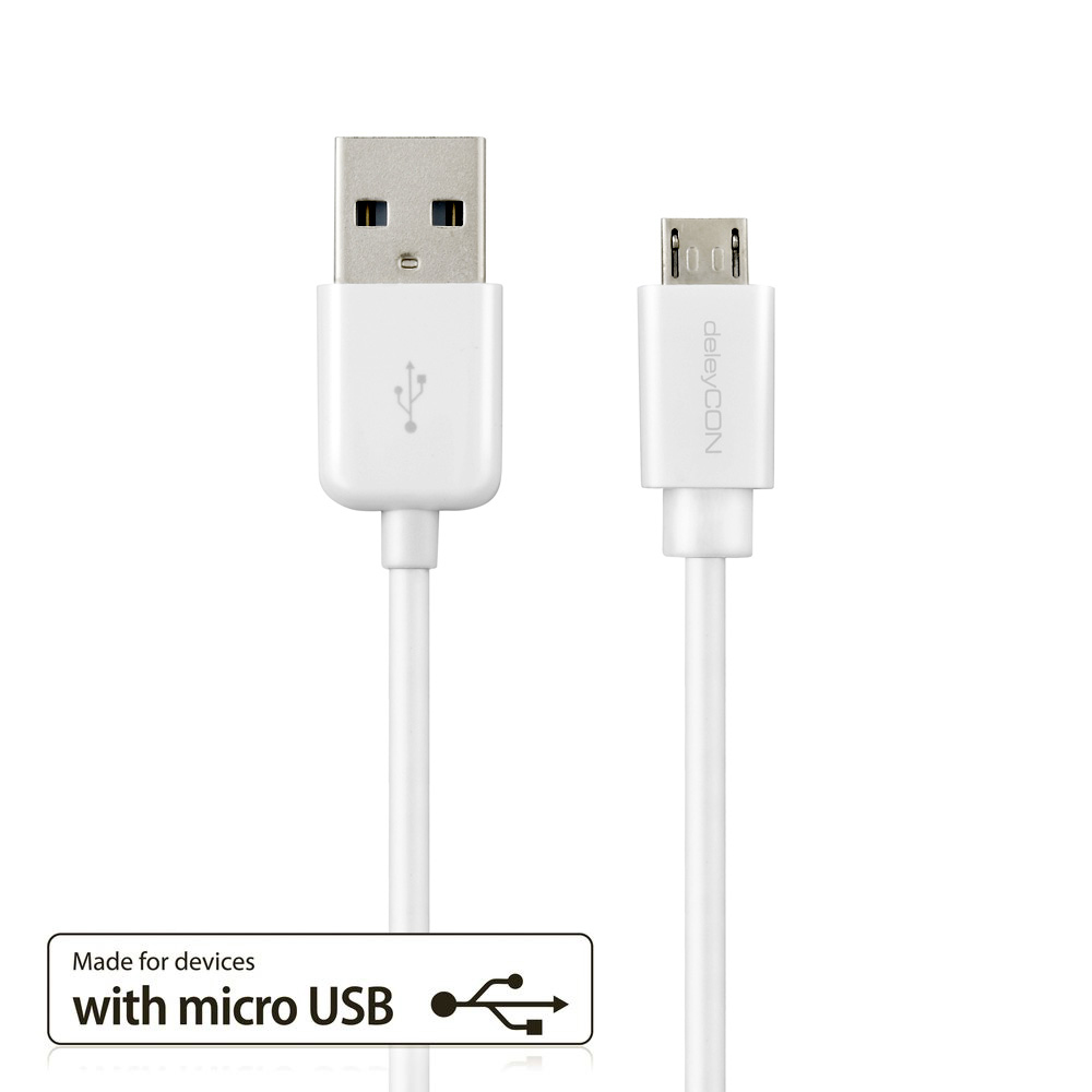 Weißes USB-Kabel mit USB- und Micro-USB-Anschluss, beide entgegengesetzt.