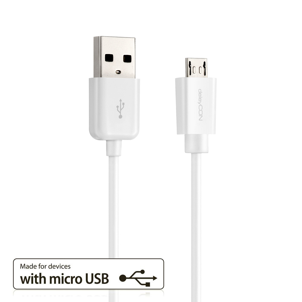 Weißes Kabel mit USB- und Micro-USB-Anschlüssen. Der Markenname ist DEEEYCON. Text sagt: Für Geräte mit Micro-USB.