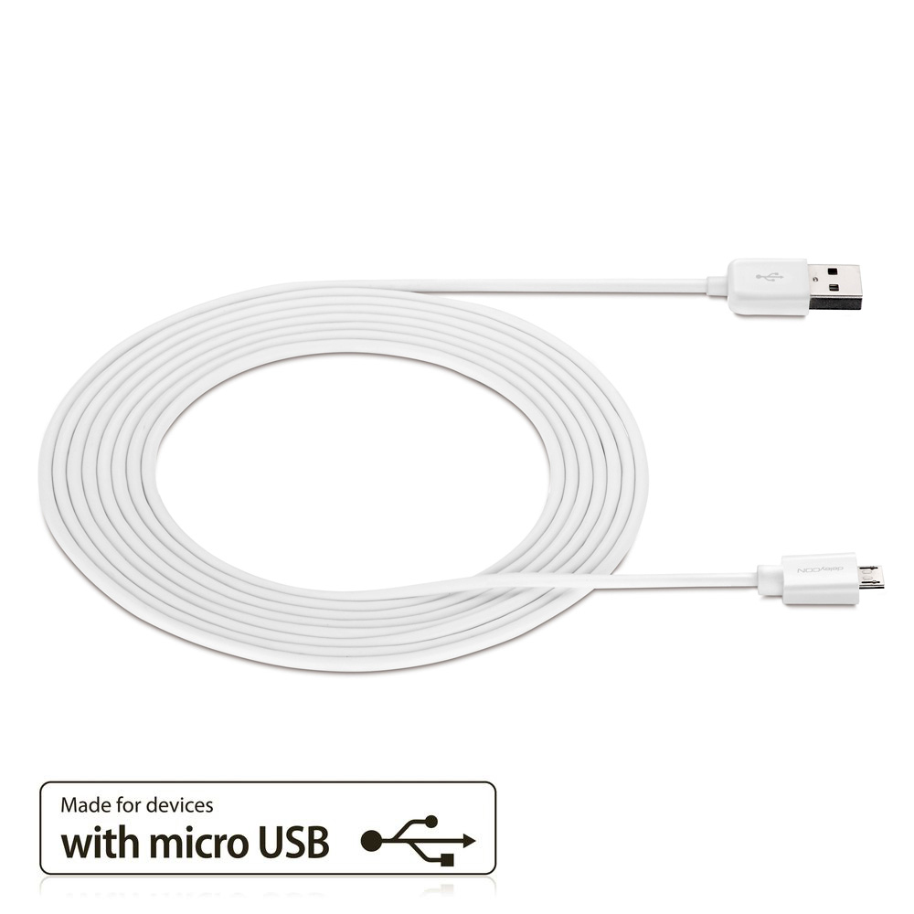 Weißes USB-Kabel aufgerollt. Es hat einen USB- und einen Micro-USB-Anschluss.