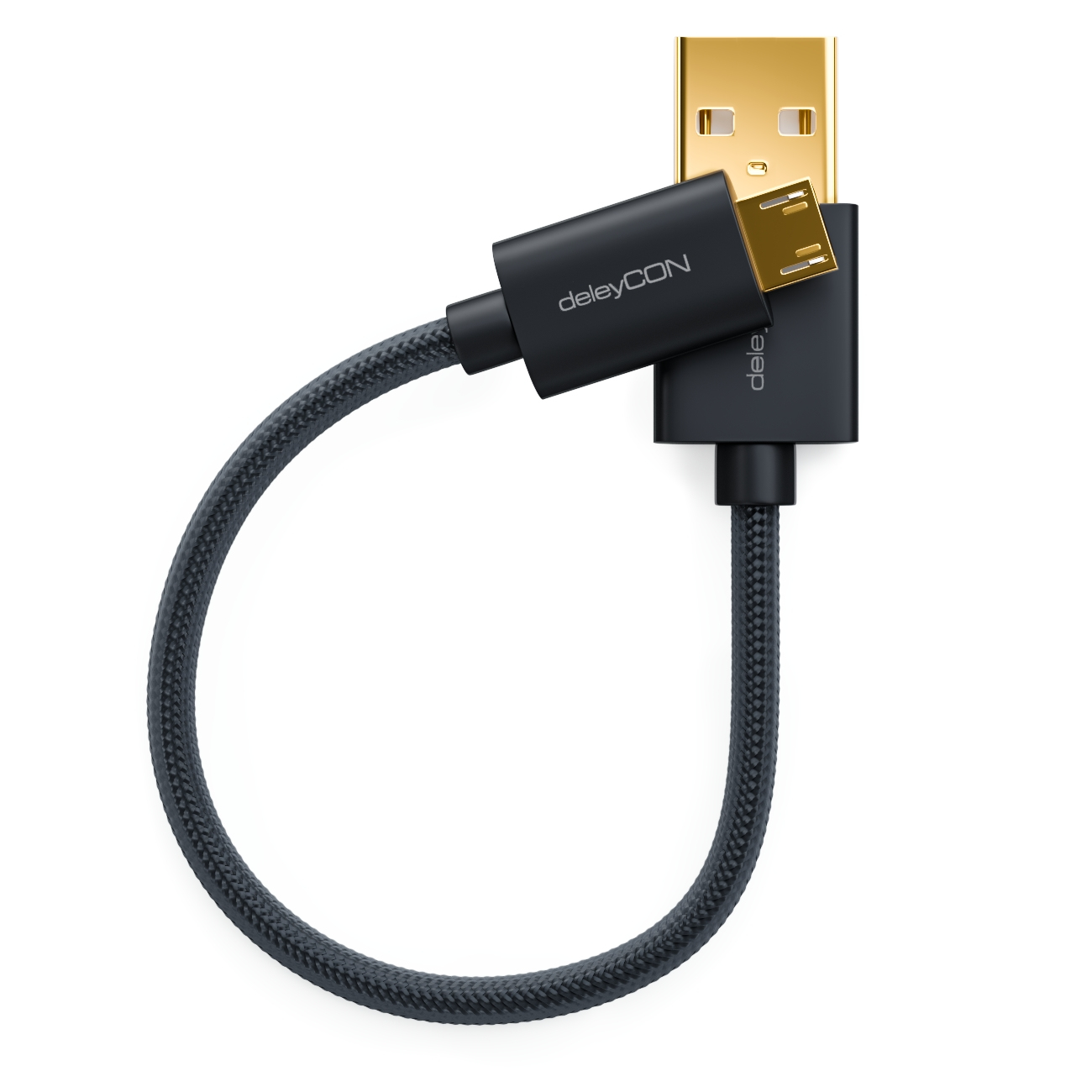 Schwarzes USB-zu-Micro-USB-Kabel, gebogen. Weißer Hintergrund.