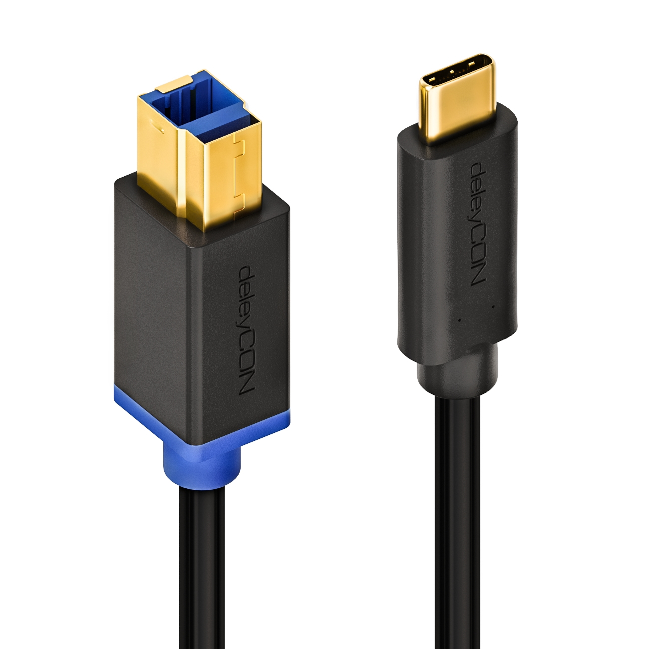 Zwei schwarze Kabel mit USB-C- und USB-A-Anschluss. USB-A hat blauen Akzent.
